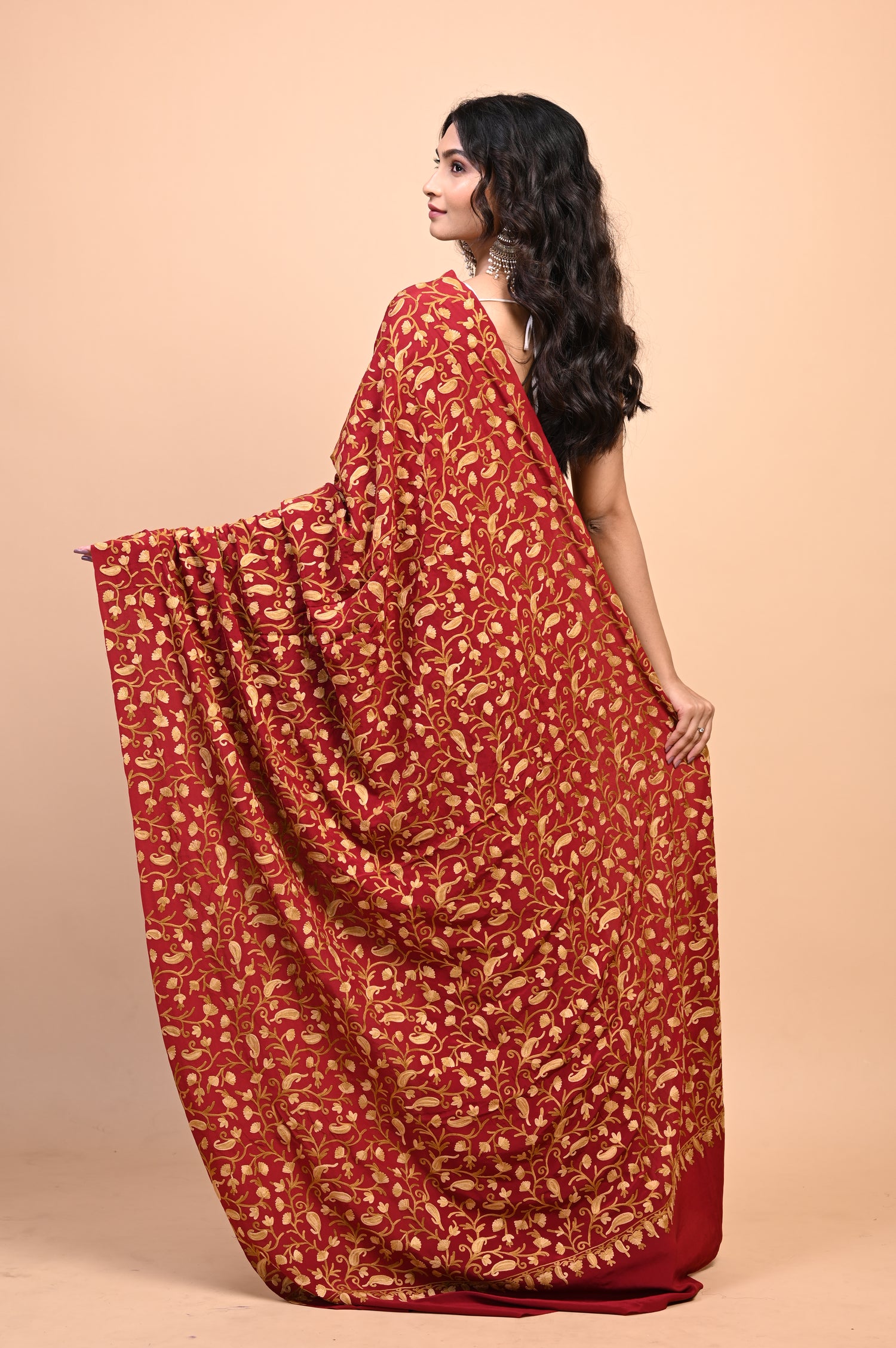 Pure Crepe Chinon Silk Aari Embriodery Kashmiri Saree