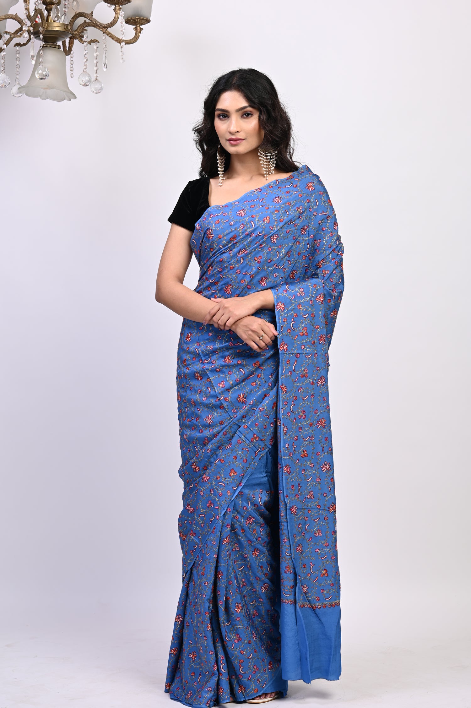 Pure Crepe Chinon Silk Sozni Work Hand Embroidered Kashmiri Saree