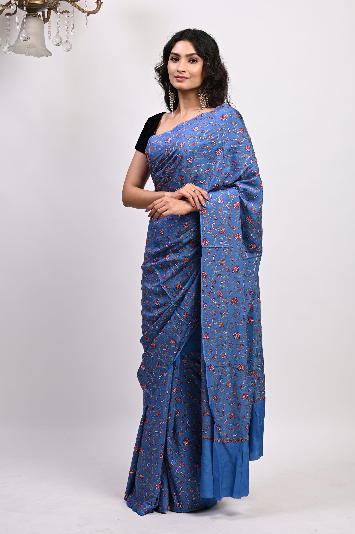 Pure Crepe Chinon Silk Sozni Work Hand Embroidered Kashmiri Saree