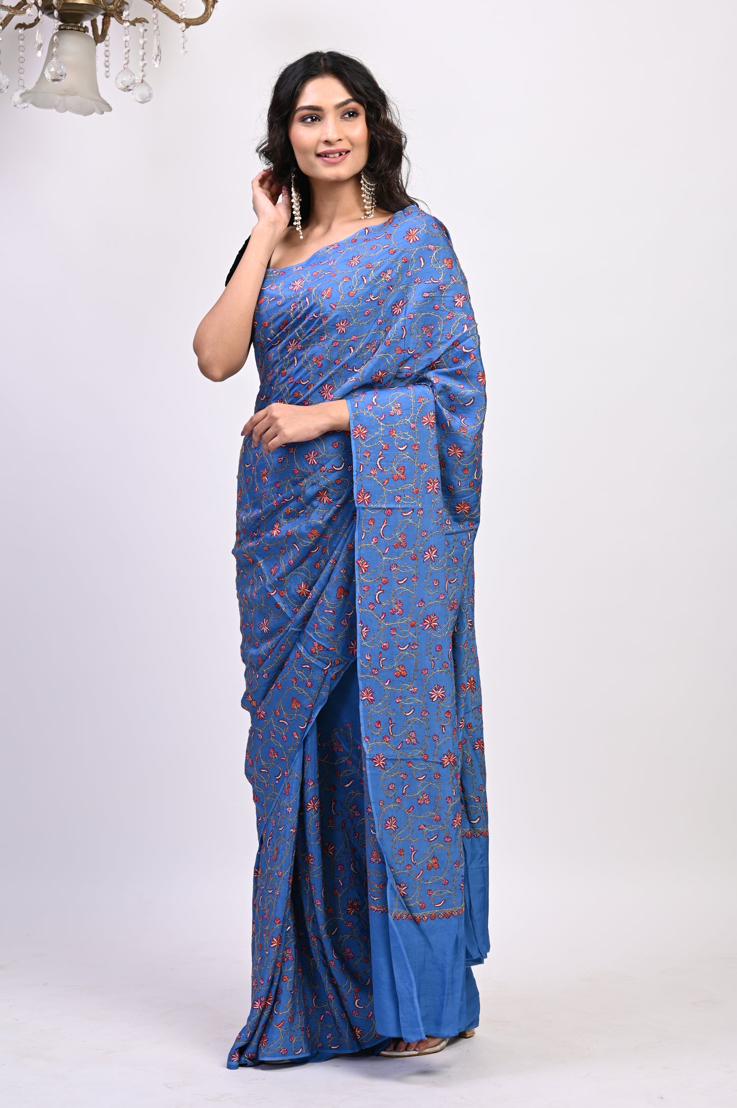 Pure Crepe Chinon Silk Sozni Work Hand Embroidered Kashmiri Saree