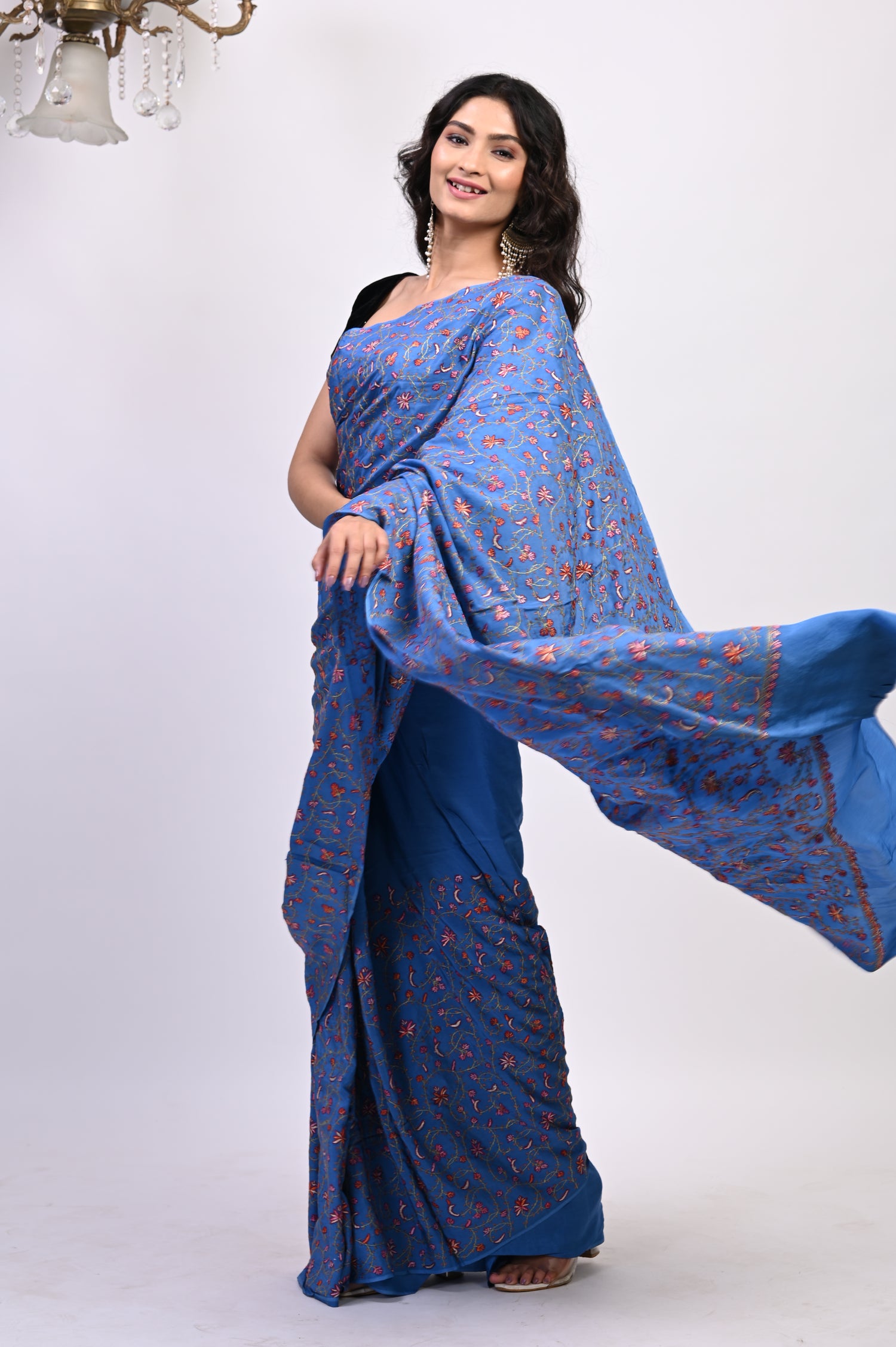 Pure Crepe Chinon Silk Sozni Work Hand Embroidered Kashmiri Saree