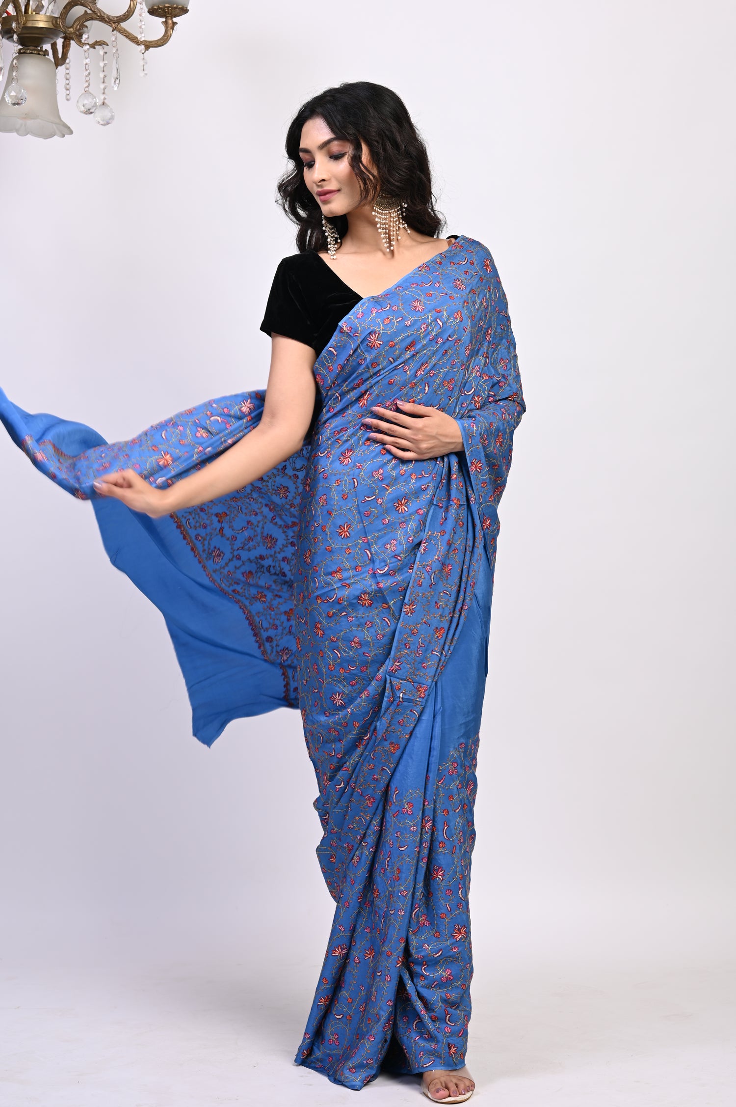 Pure Crepe Chinon Silk Sozni Work Hand Embroidered Kashmiri Saree