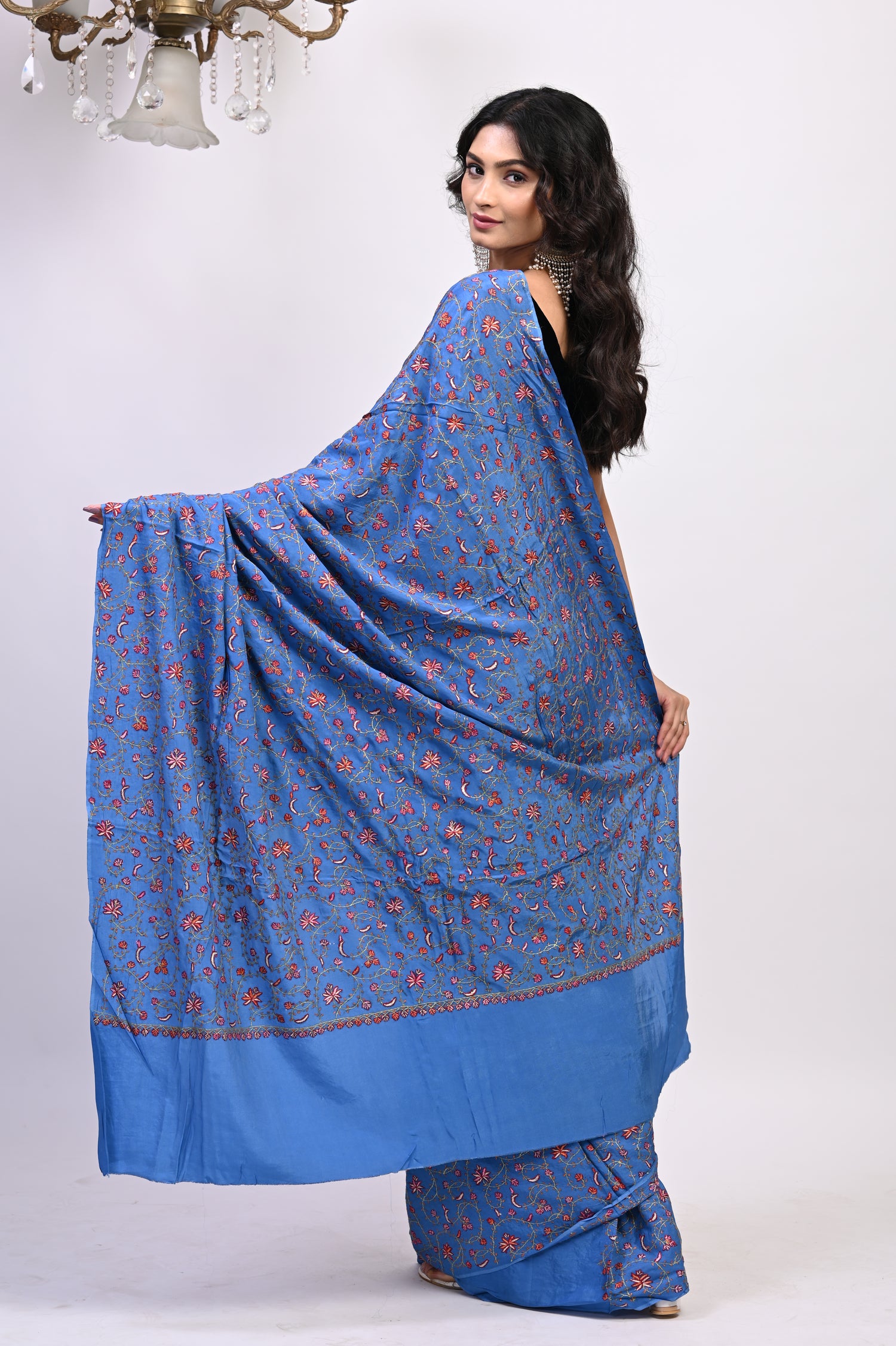 Pure Crepe Chinon Silk Sozni Work Hand Embroidered Kashmiri Saree