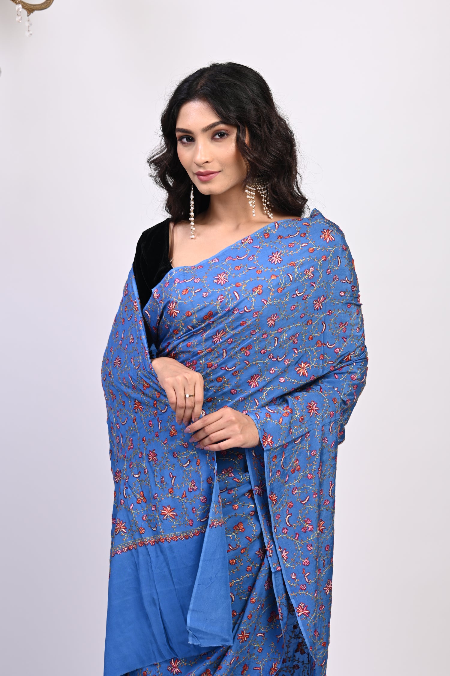 Pure Crepe Chinon Silk Sozni Work Hand Embroidered Kashmiri Saree