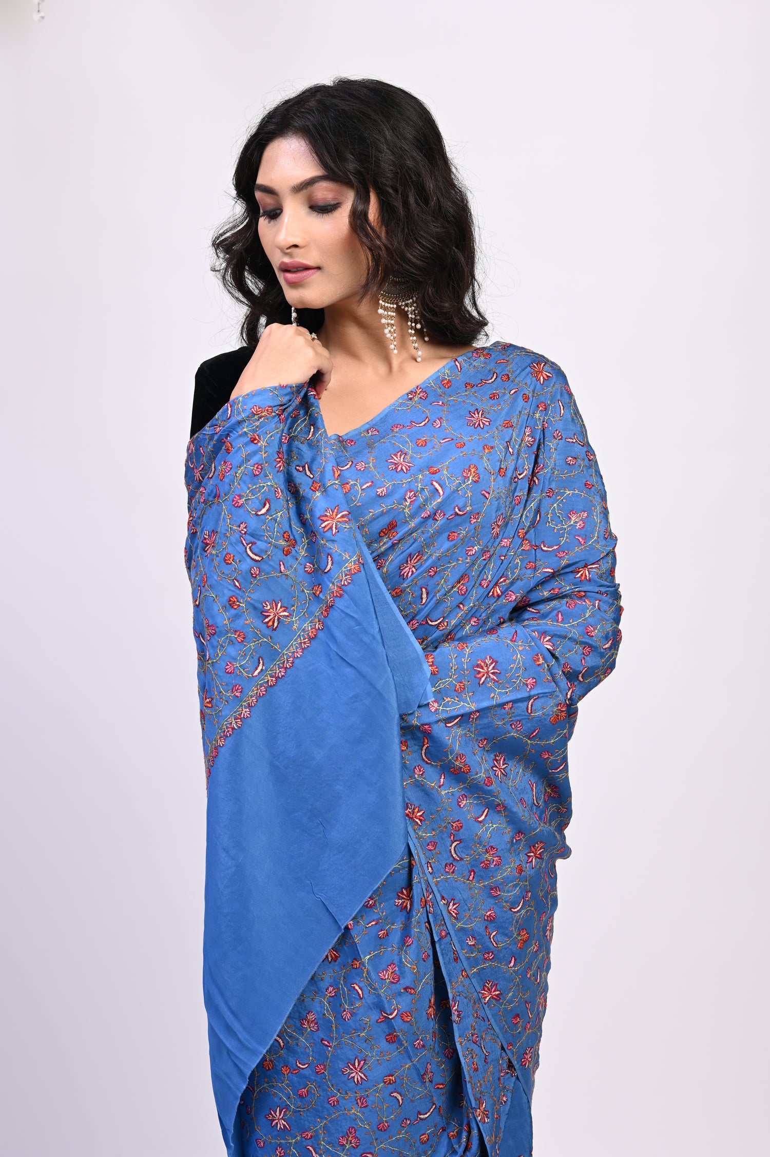 Pure Crepe Chinon Silk Sozni Work Hand Embroidered Kashmiri Saree