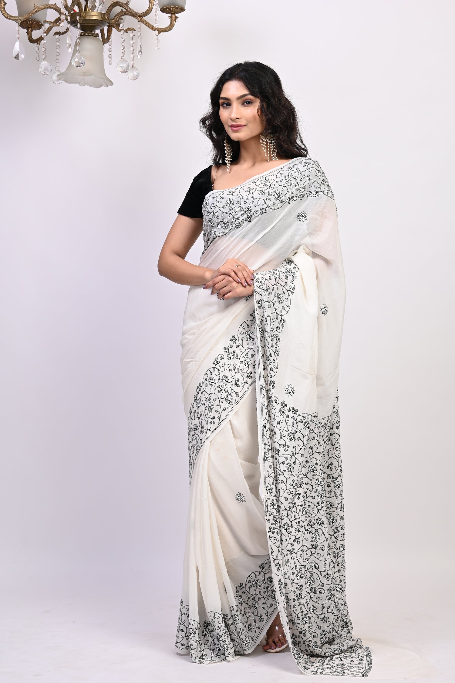 Pure Crepe Chinon Silk Sozni Work Hand Embroidered Kashmiri Saree