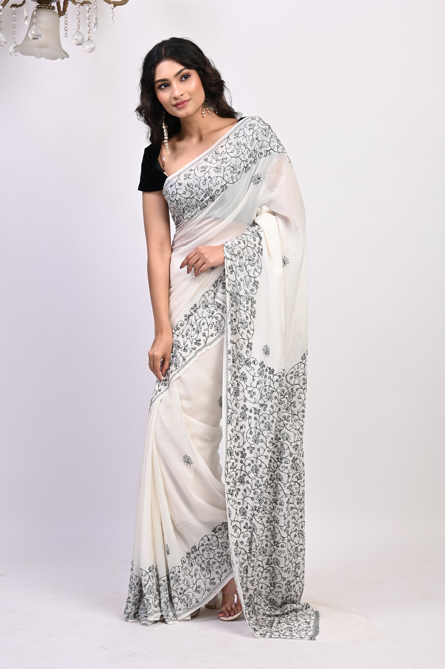 Pure Crepe Chinon Silk Sozni Work Hand Embroidered Kashmiri Saree