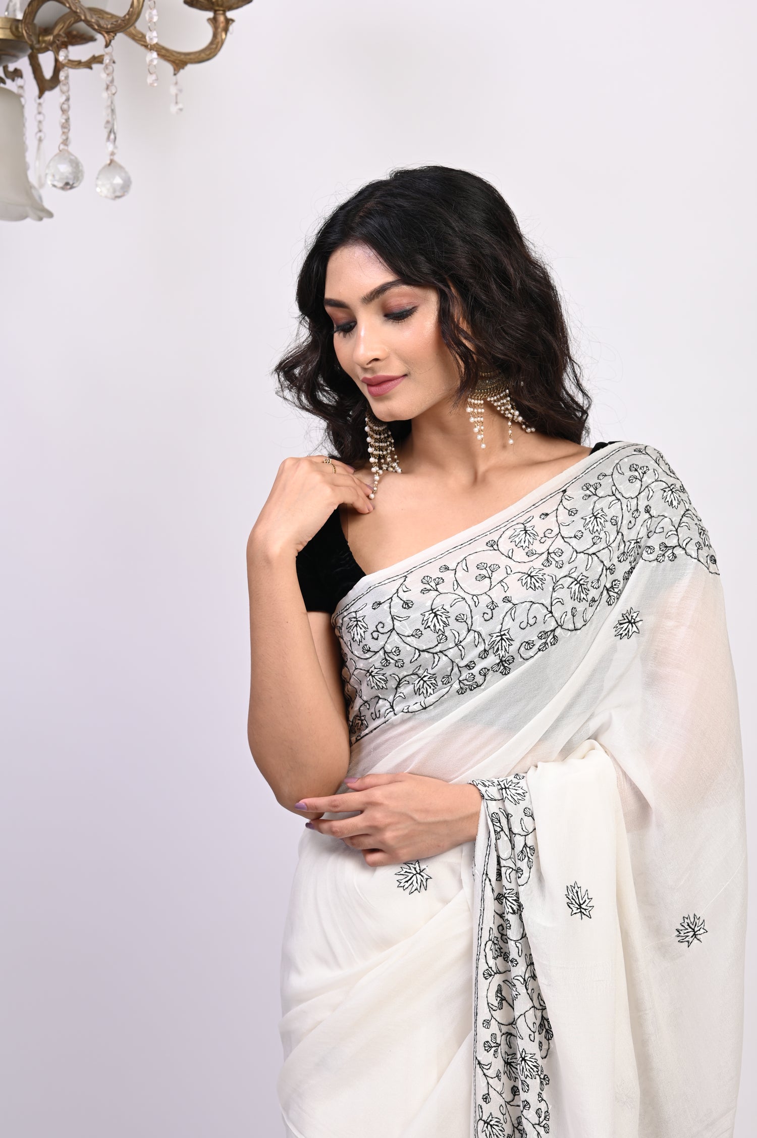 Pure Crepe Chinon Silk Sozni Work Hand Embroidered Kashmiri Saree