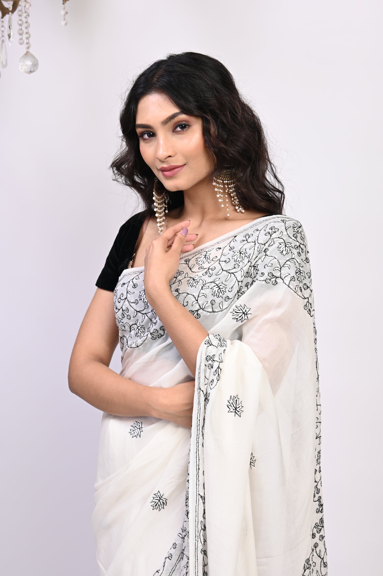 Pure Crepe Chinon Silk Sozni Work Hand Embroidered Kashmiri Saree