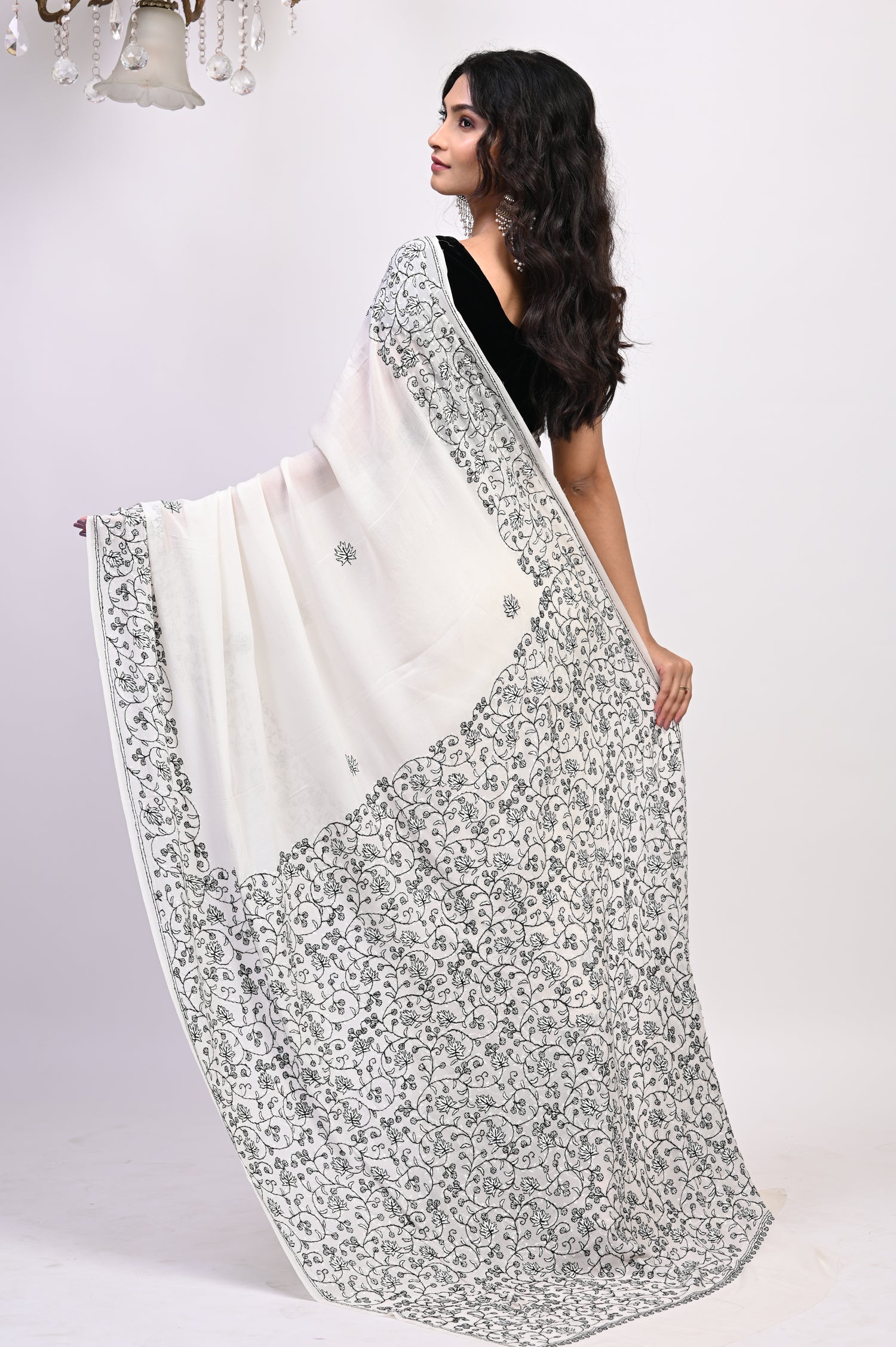 Pure Crepe Chinon Silk Sozni Work Hand Embroidered Kashmiri Saree