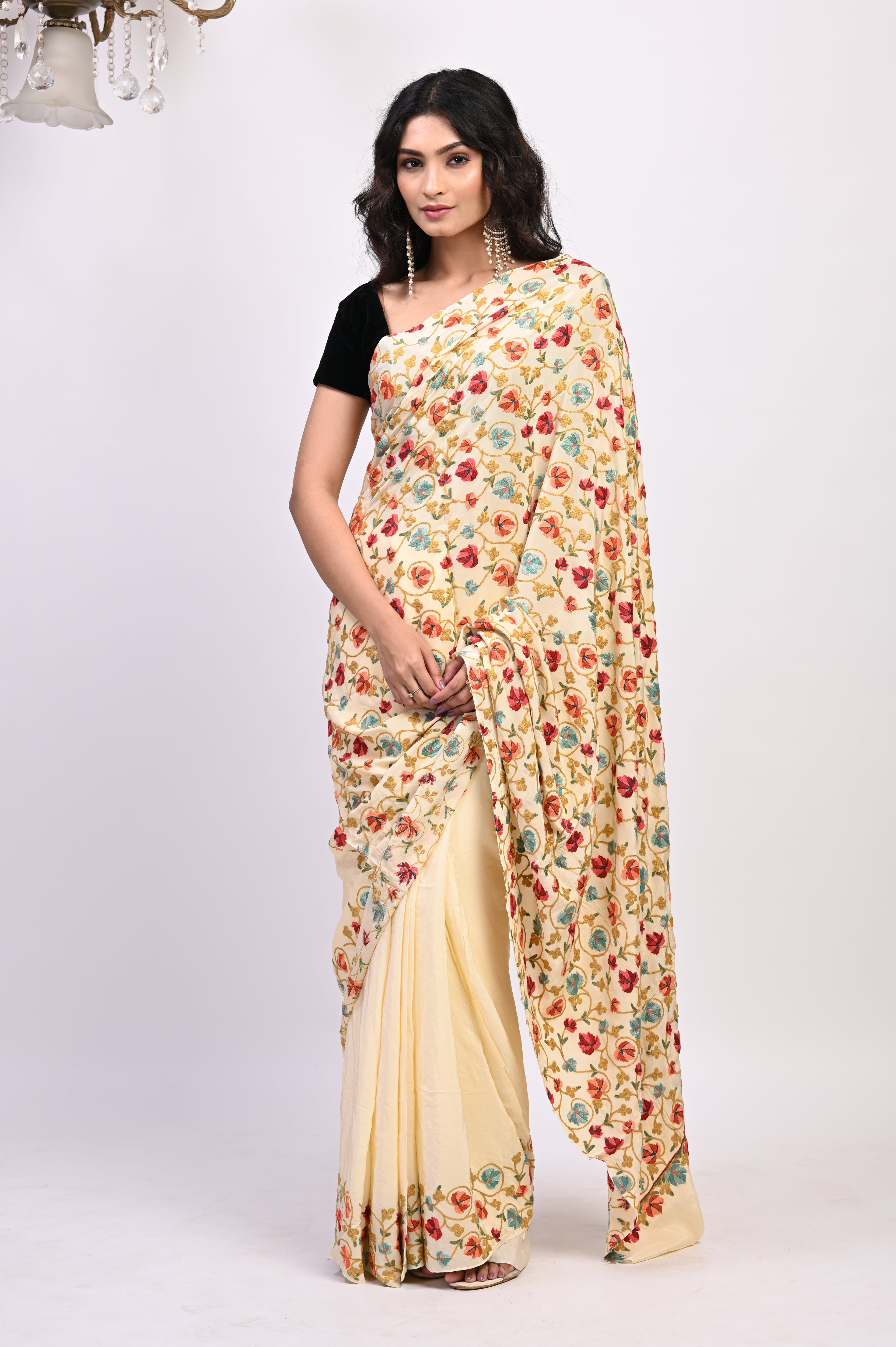 Pure Crepe Chinon Silk Aari Embriodery Kashmiri Saree