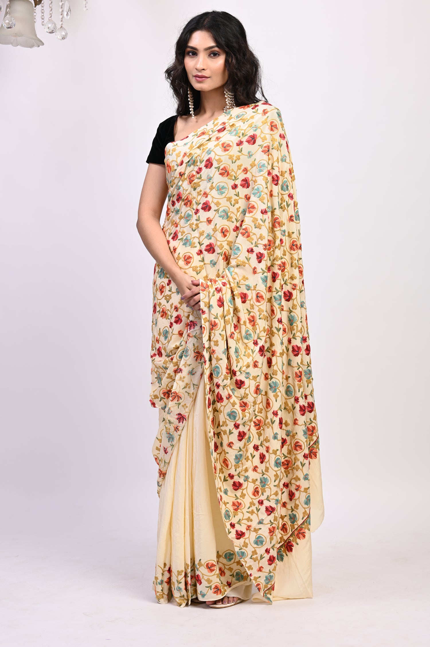 Pure Crepe Chinon Silk Aari Embriodery Kashmiri Saree
