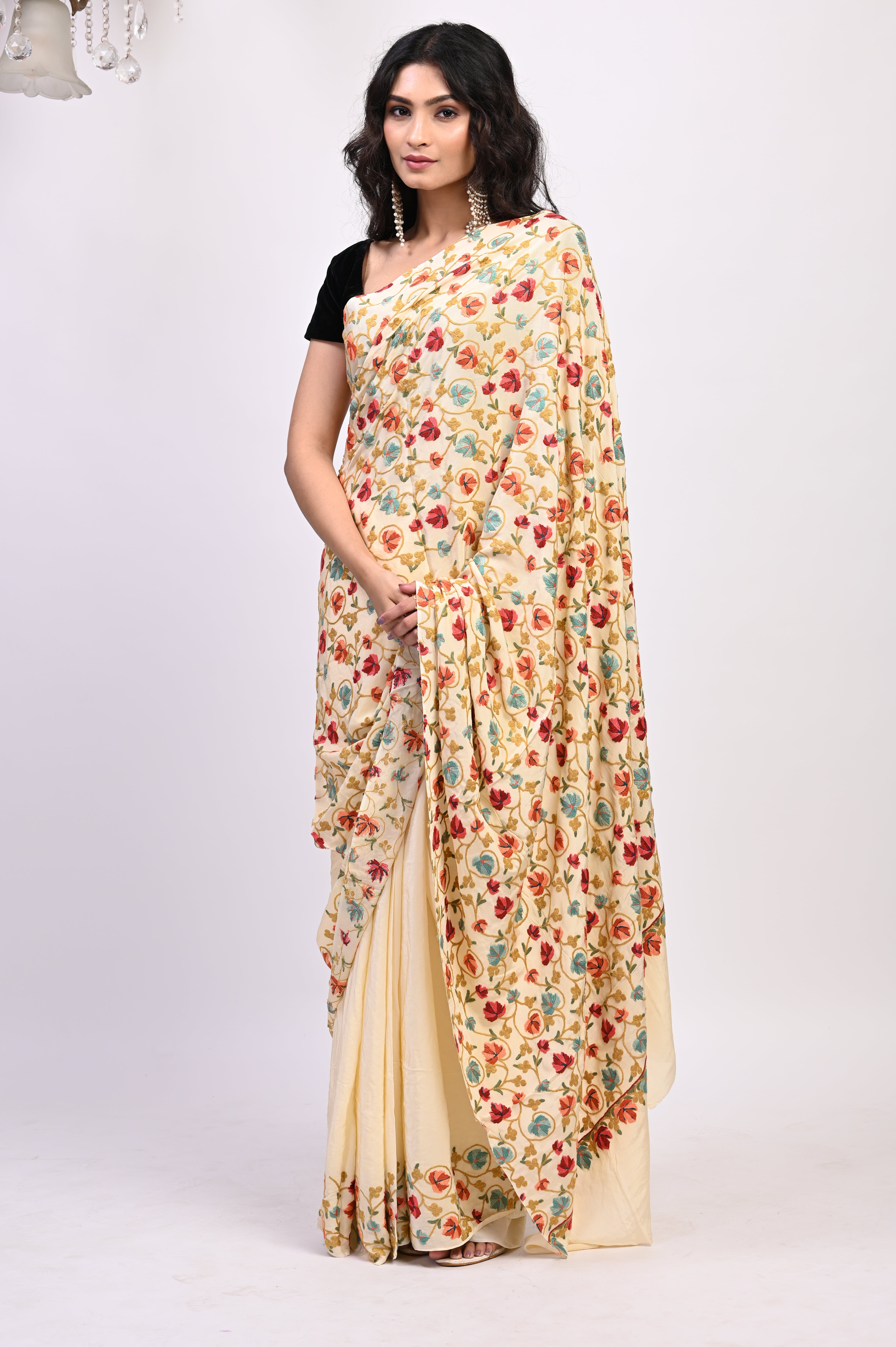Pure Crepe Chinon Silk Aari Embriodery Kashmiri Saree