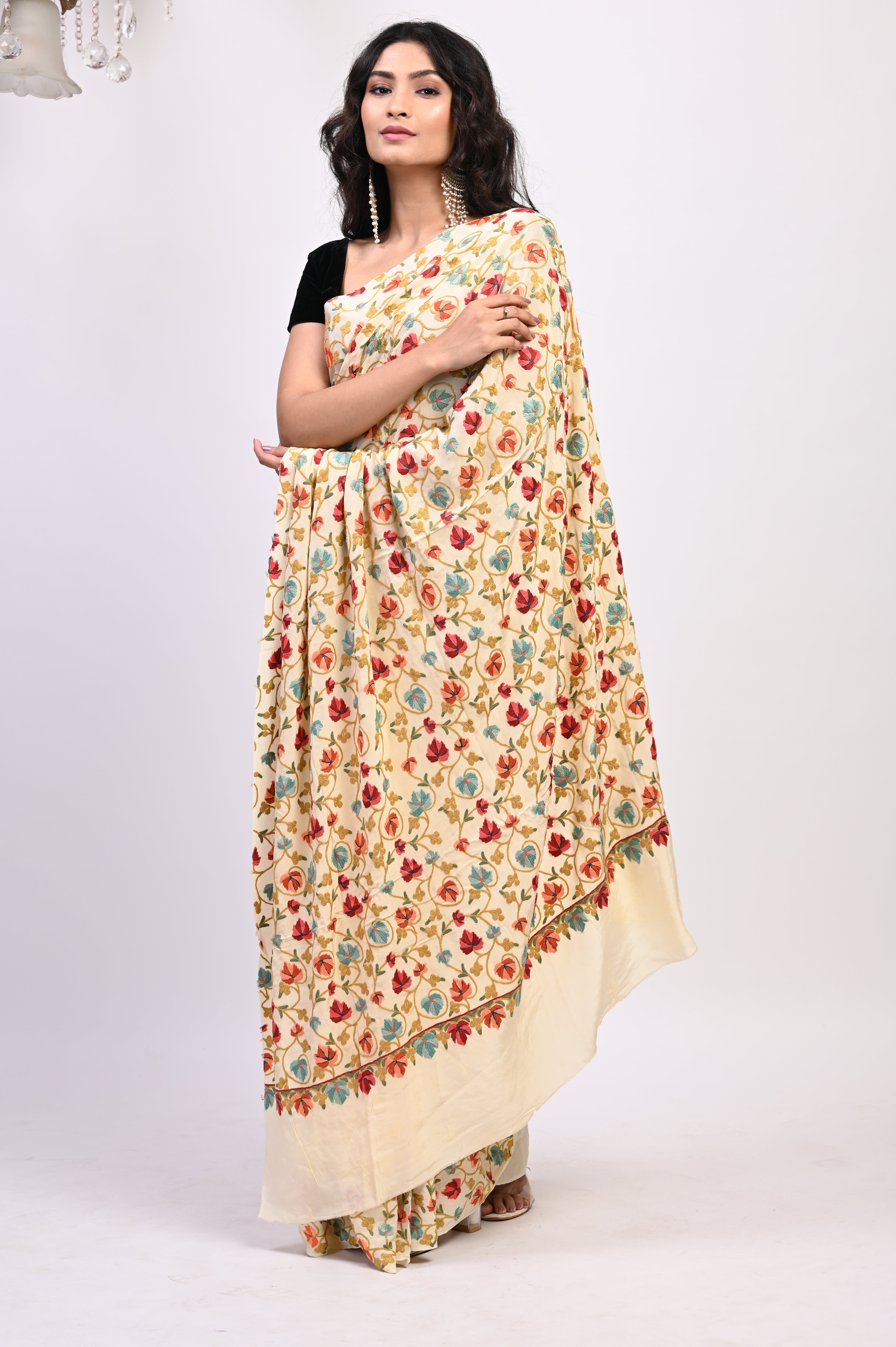 Pure Crepe Chinon Silk Aari Embriodery Kashmiri Saree