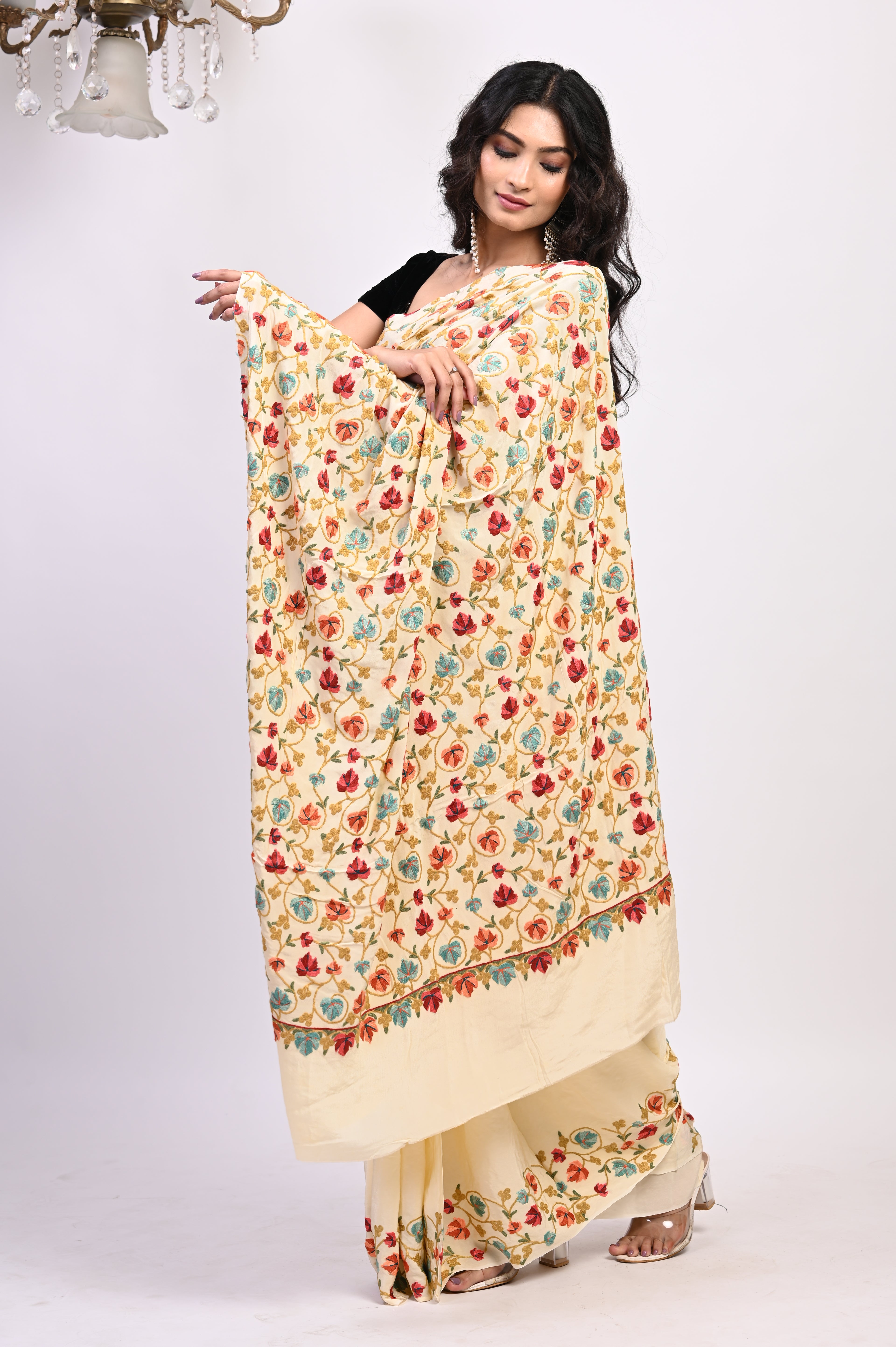 Pure Crepe Chinon Silk Aari Embriodery Kashmiri Saree