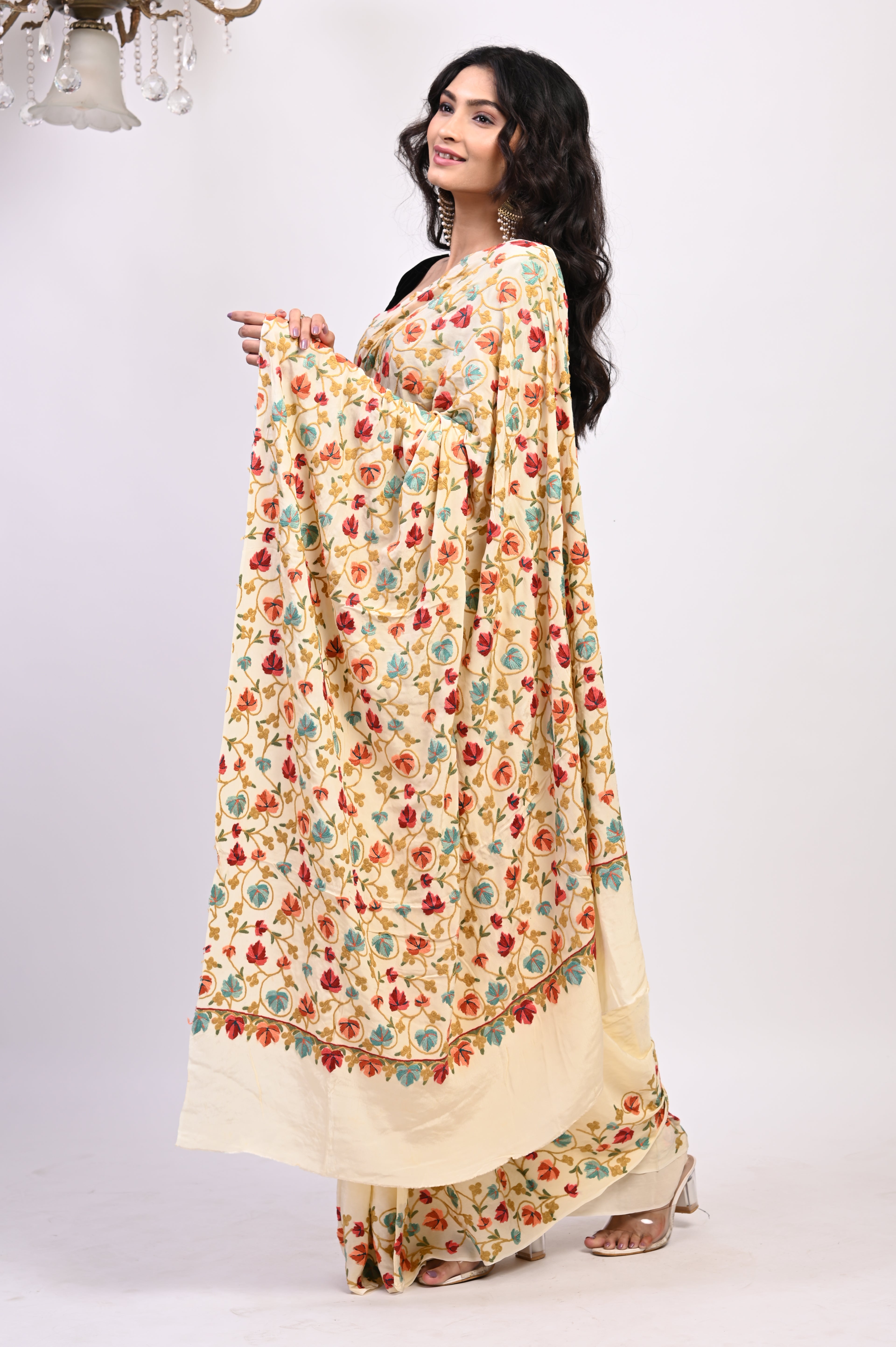 Pure Crepe Chinon Silk Aari Embriodery Kashmiri Saree