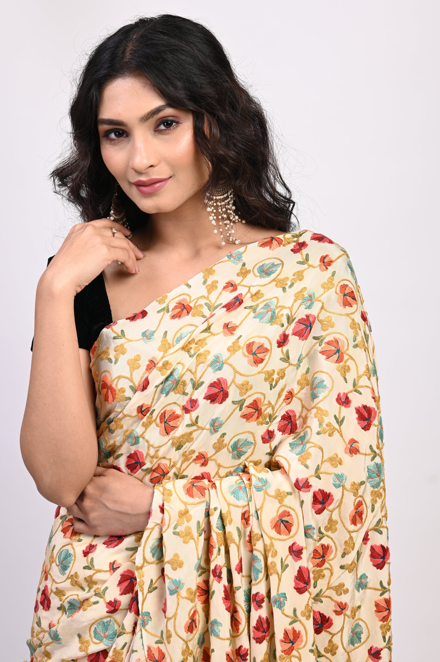 Pure Crepe Chinon Silk Aari Embriodery Kashmiri Saree