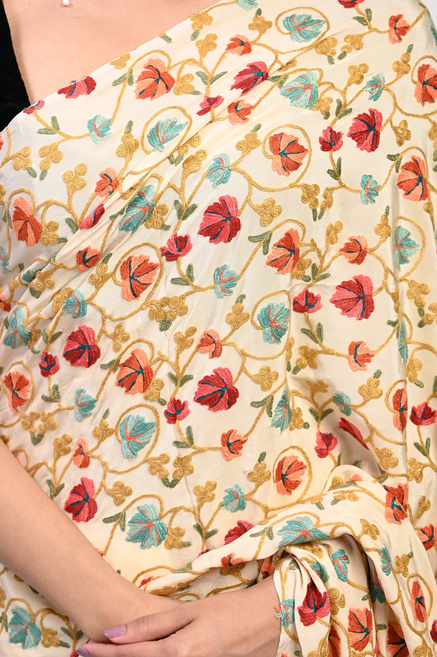 Pure Crepe Chinon Silk Aari Embriodery Kashmiri Saree