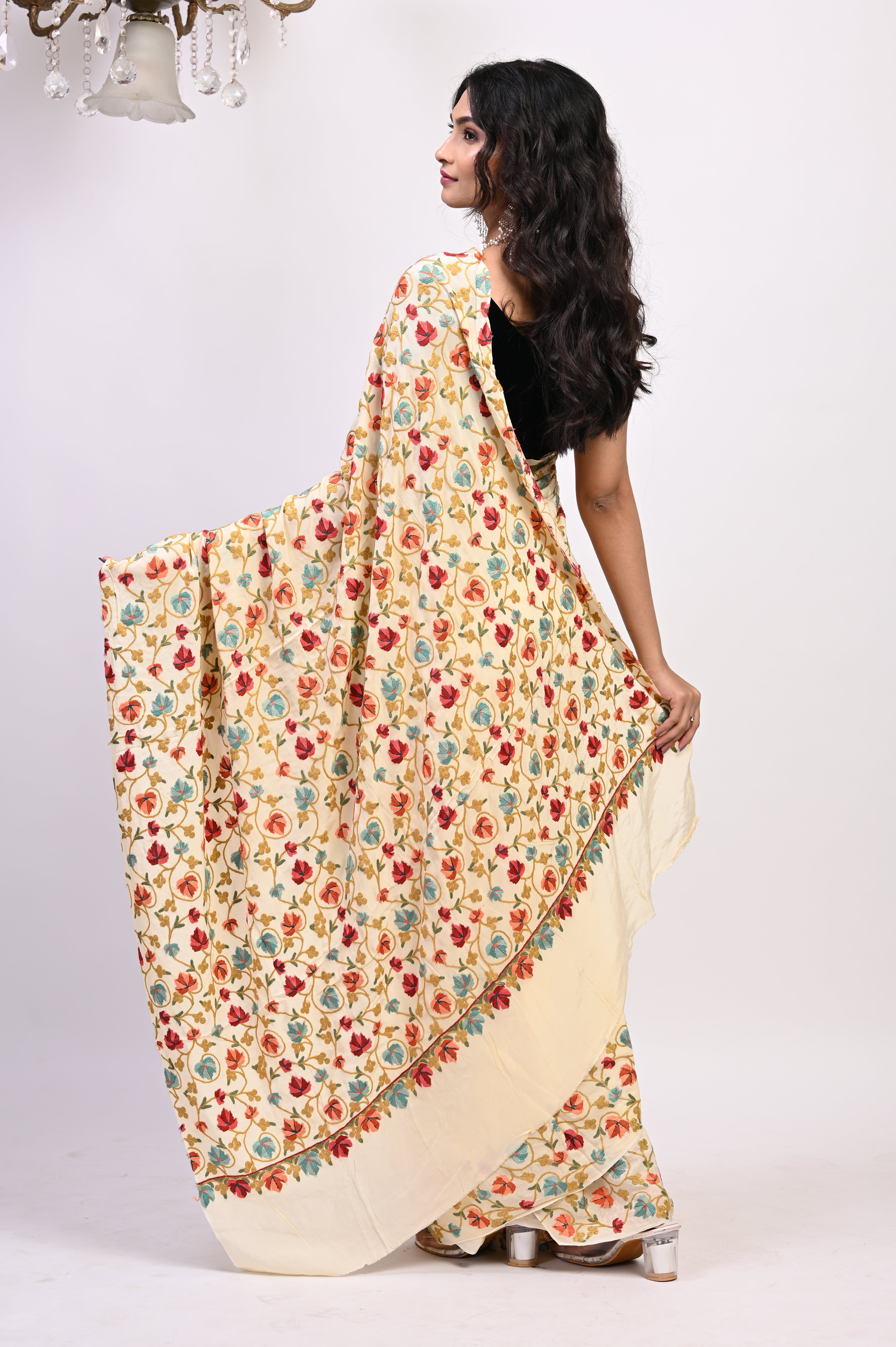 Pure Crepe Chinon Silk Aari Embriodery Kashmiri Saree