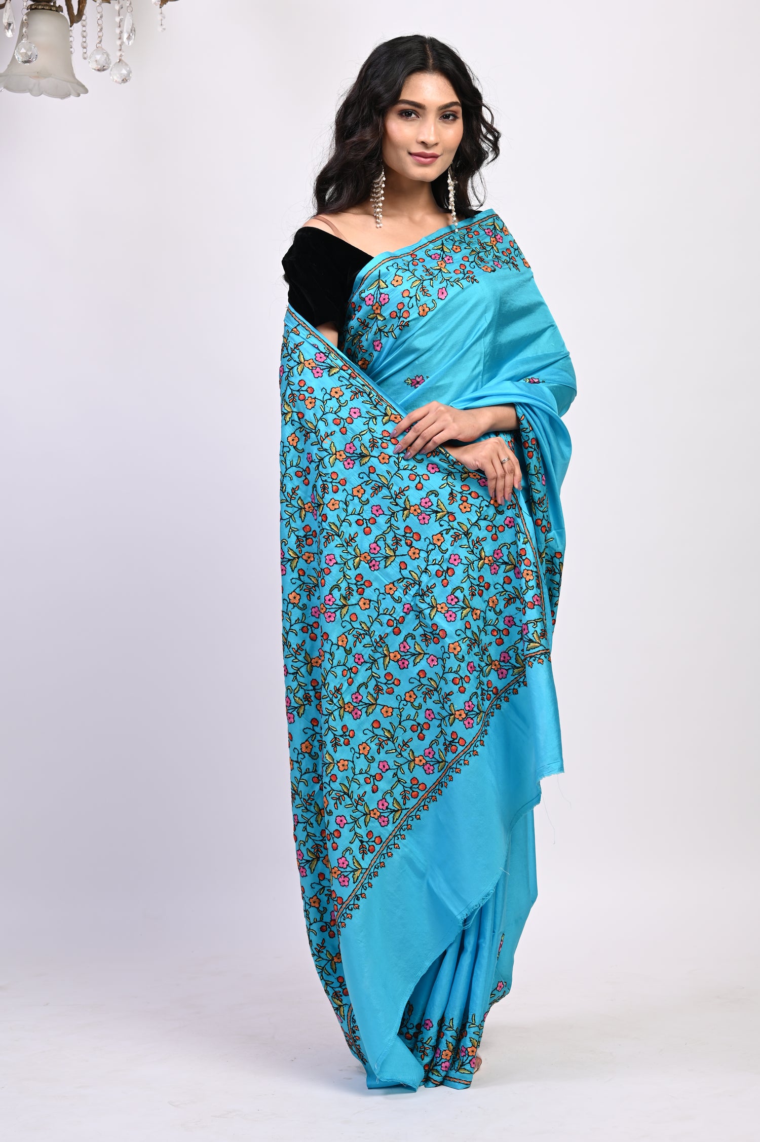 Pure Crepe Chinon Silk Sozni Work Hand Embroidered Kashmiri Saree