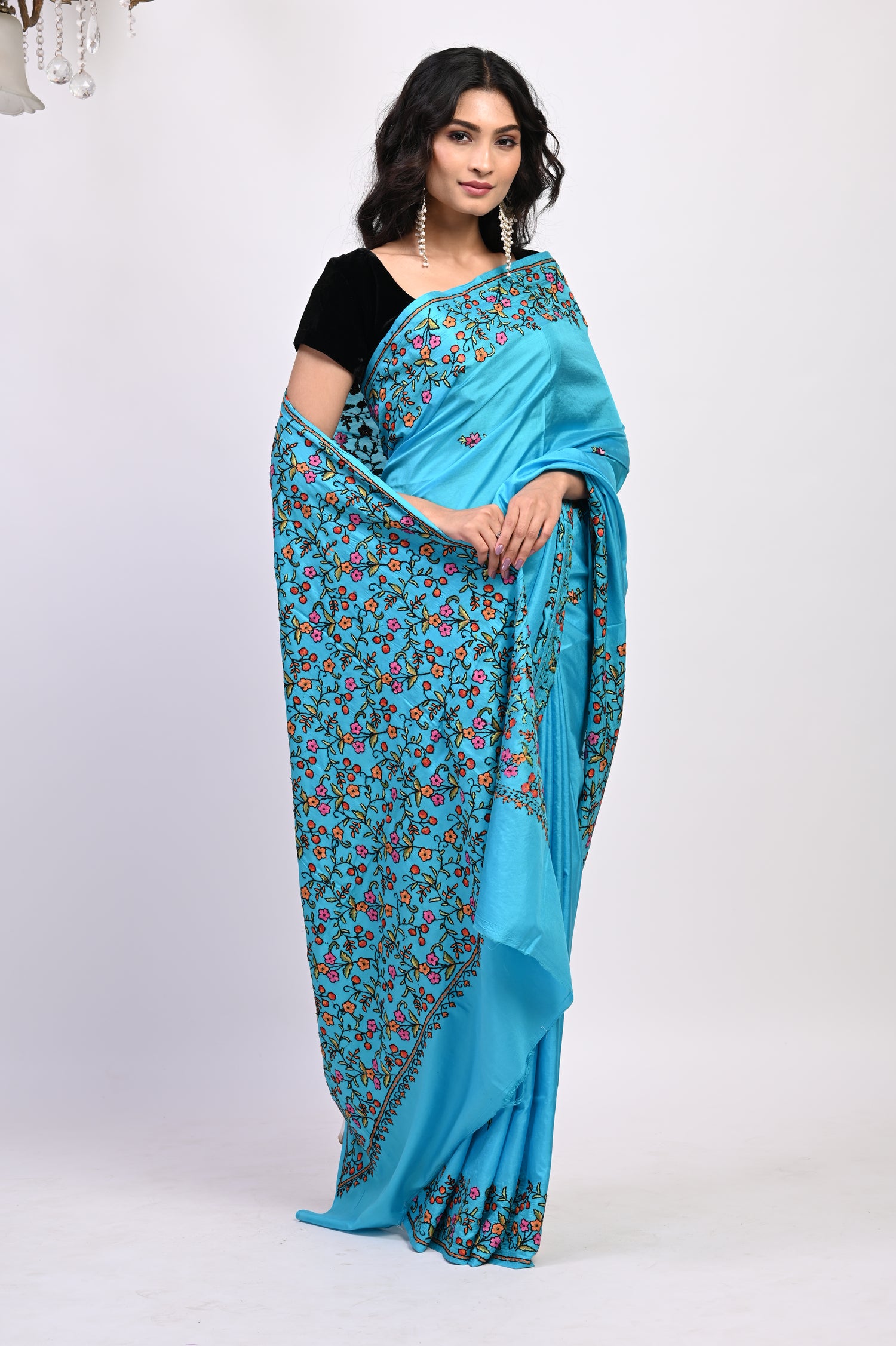 Pure Crepe Chinon Silk Sozni Work Hand Embroidered Kashmiri Saree