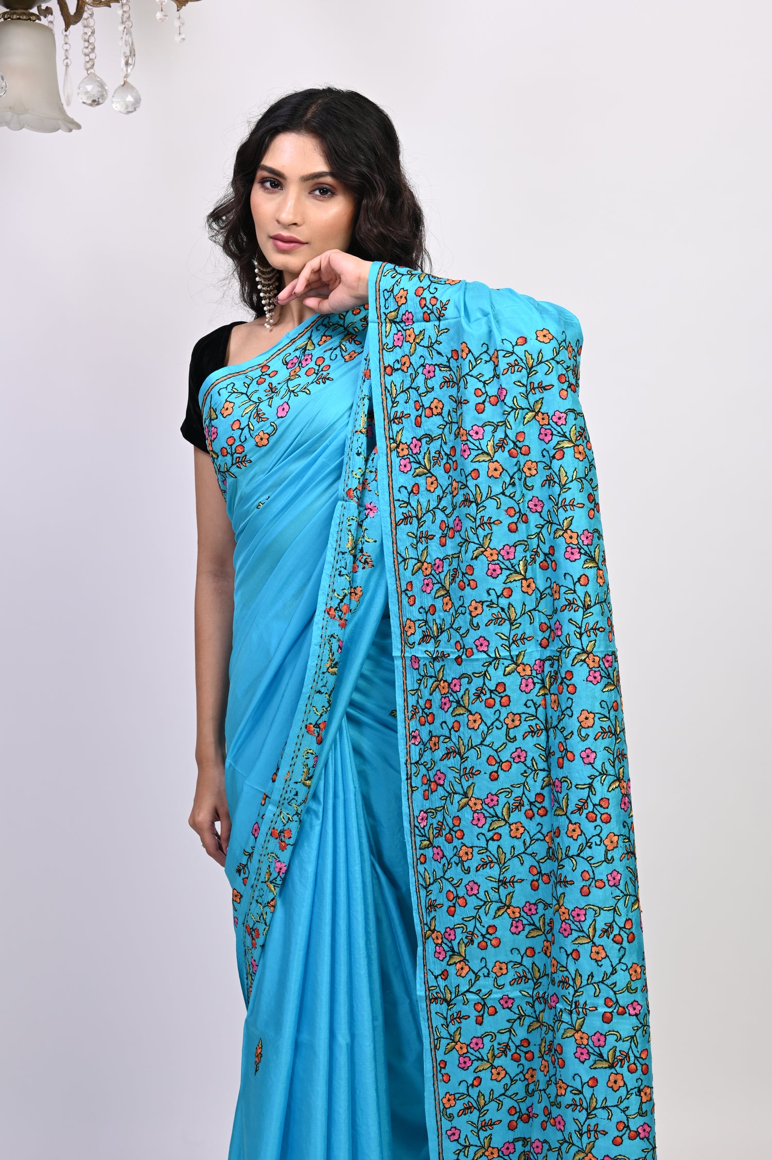 Pure Crepe Chinon Silk Sozni Work Hand Embroidered Kashmiri Saree