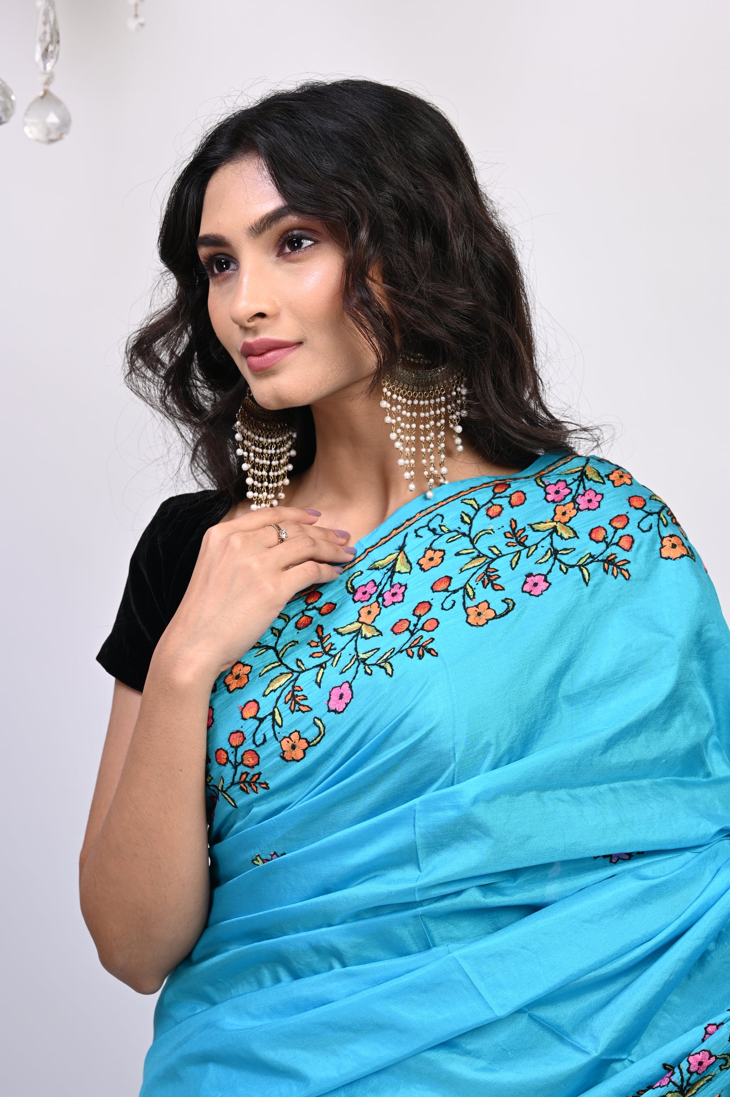 Pure Crepe Chinon Silk Sozni Work Hand Embroidered Kashmiri Saree