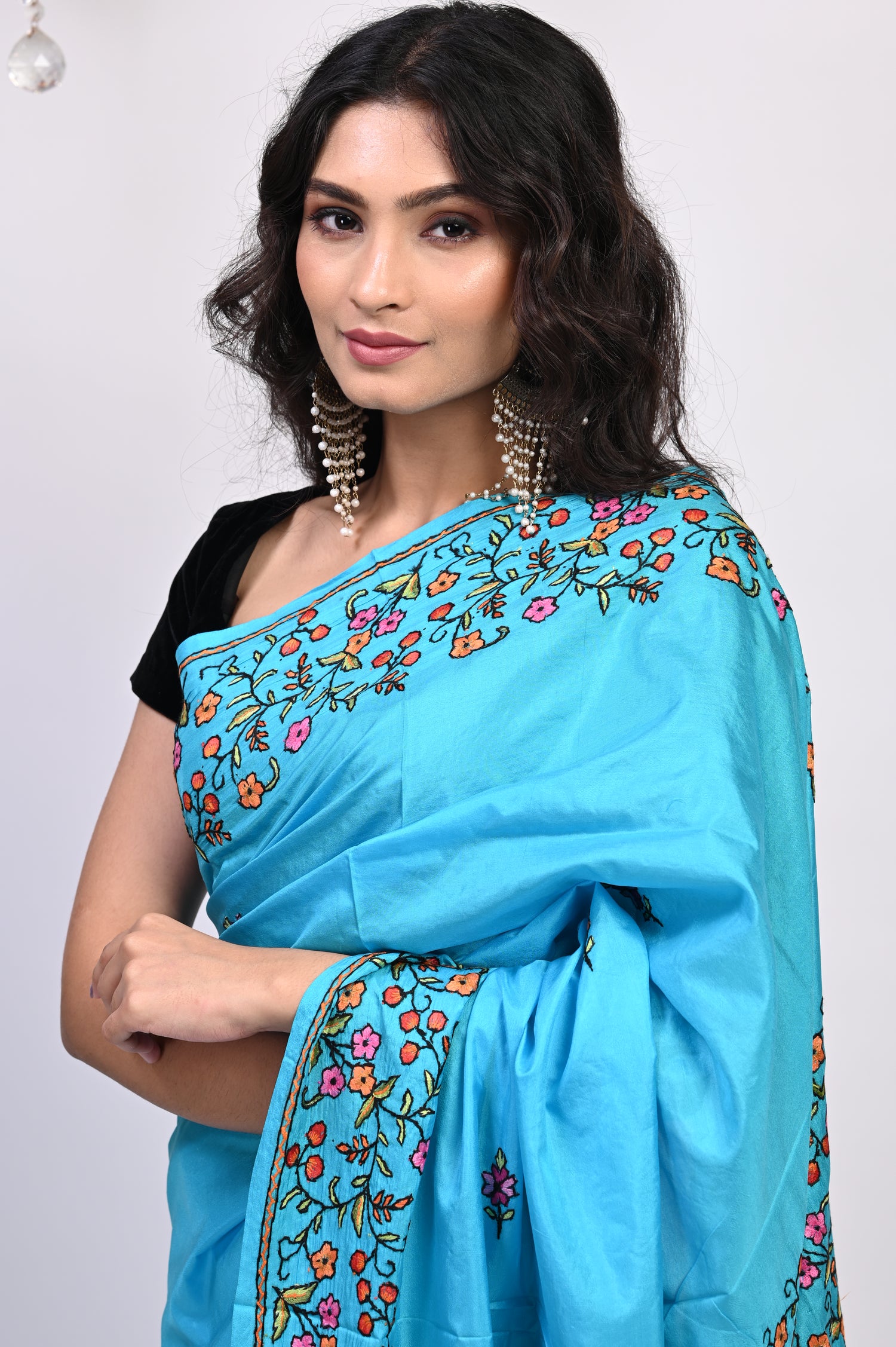 Pure Crepe Chinon Silk Sozni Work Hand Embroidered Kashmiri Saree