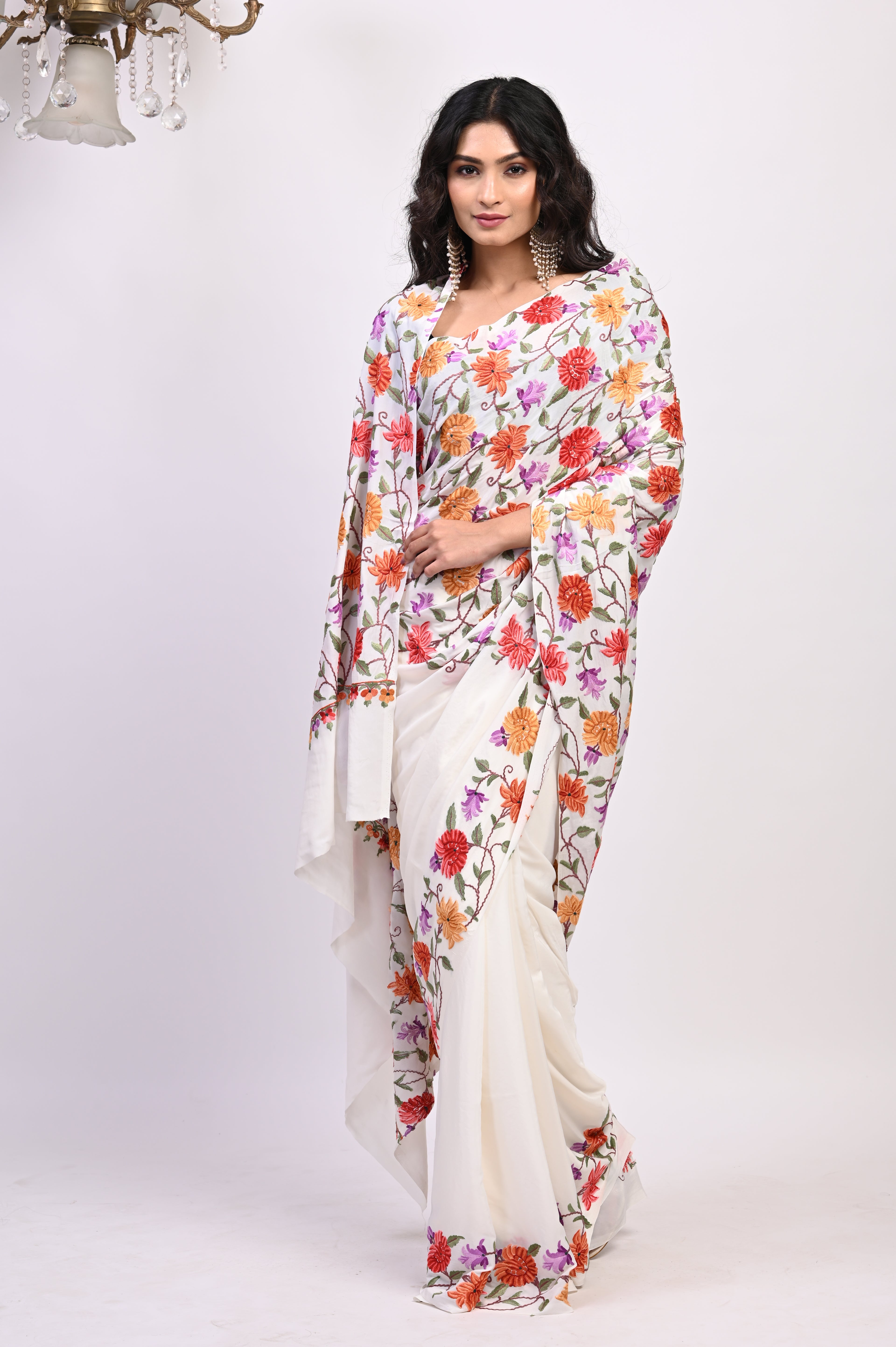 Pure Crepe Chinon Silk Aari Embriodery Kashmiri Saree