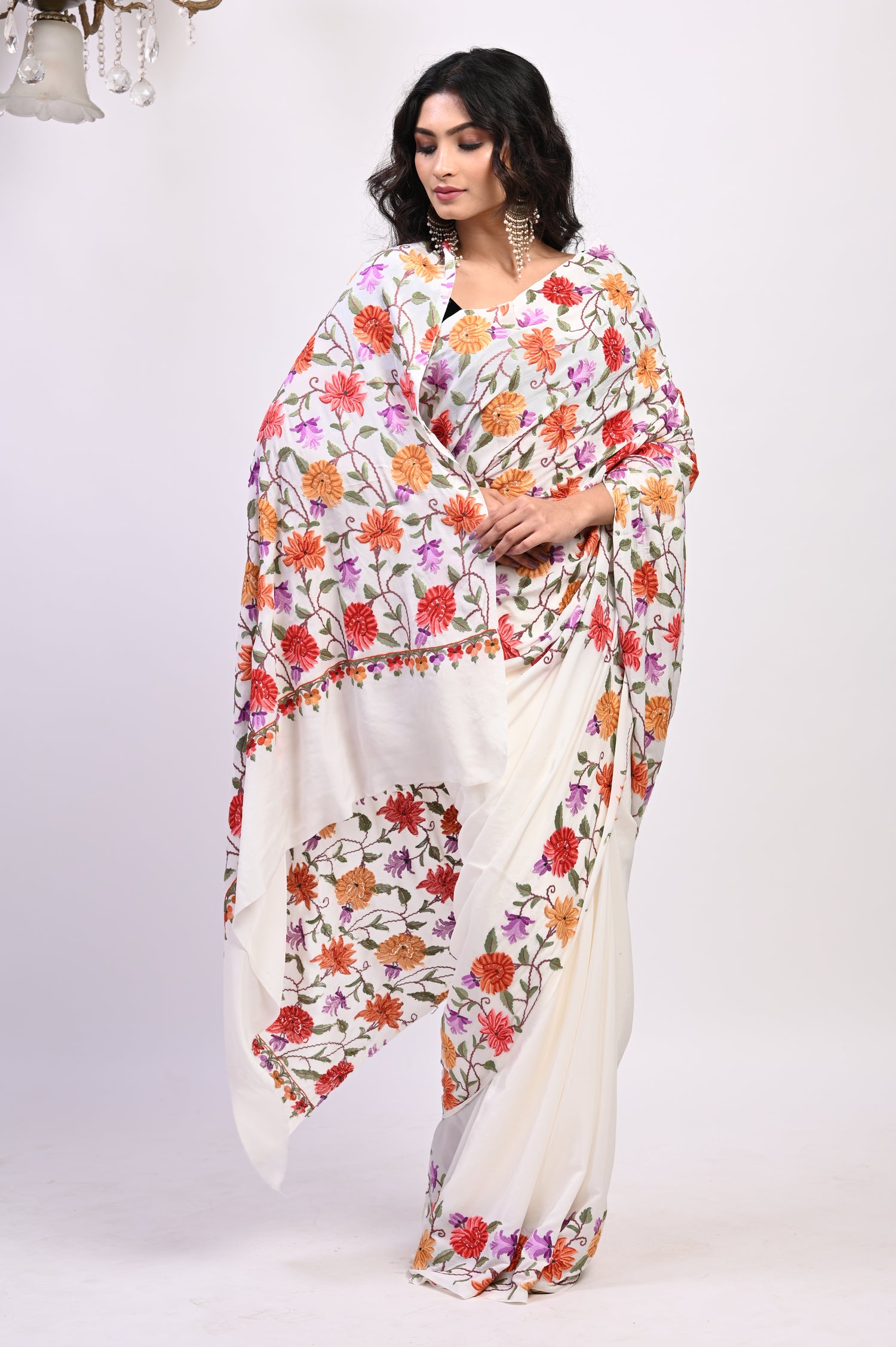 Pure Crepe Chinon Silk Aari Embriodery Kashmiri Saree