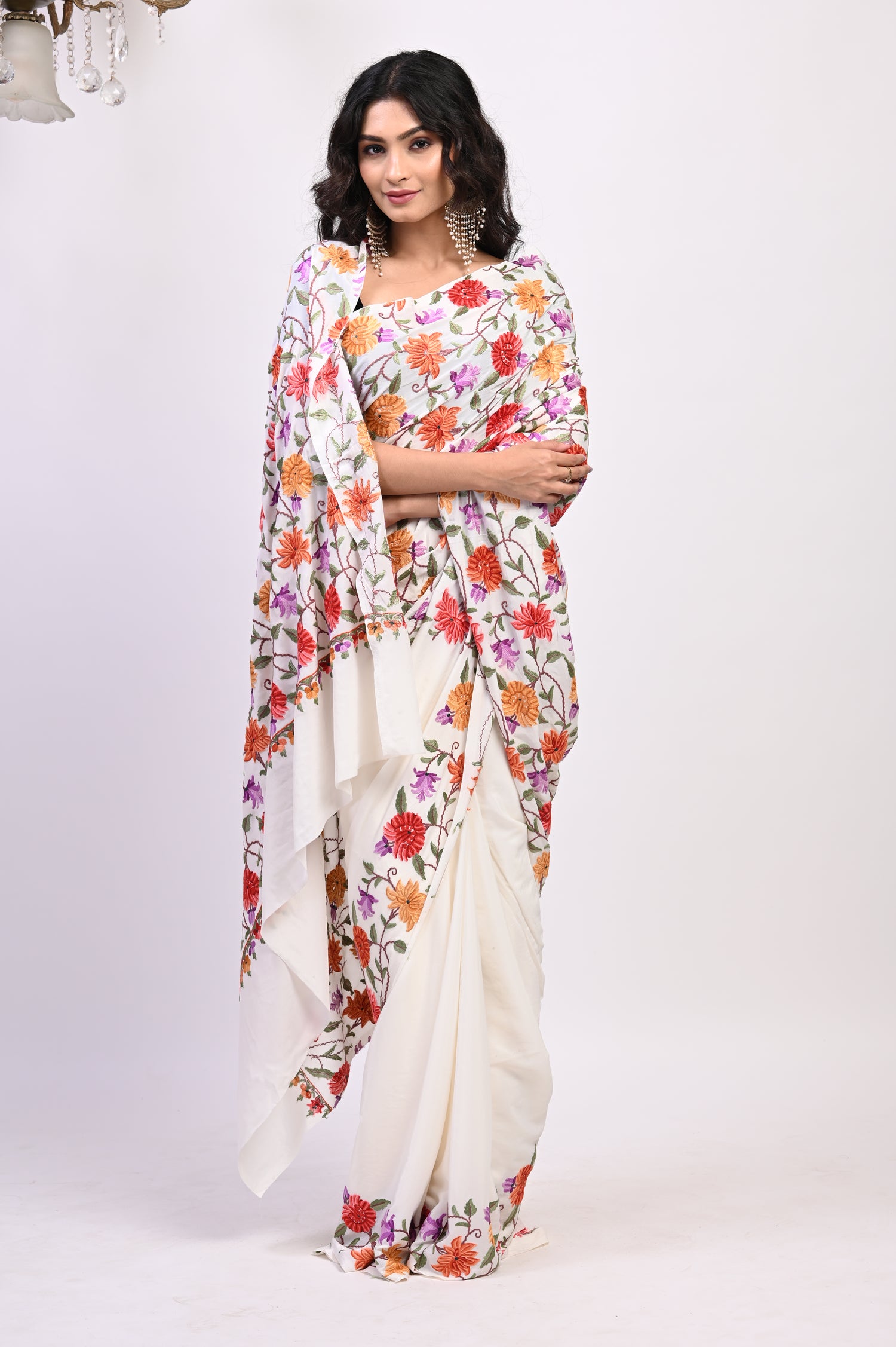 Pure Crepe Chinon Silk Aari Embriodery Kashmiri Saree