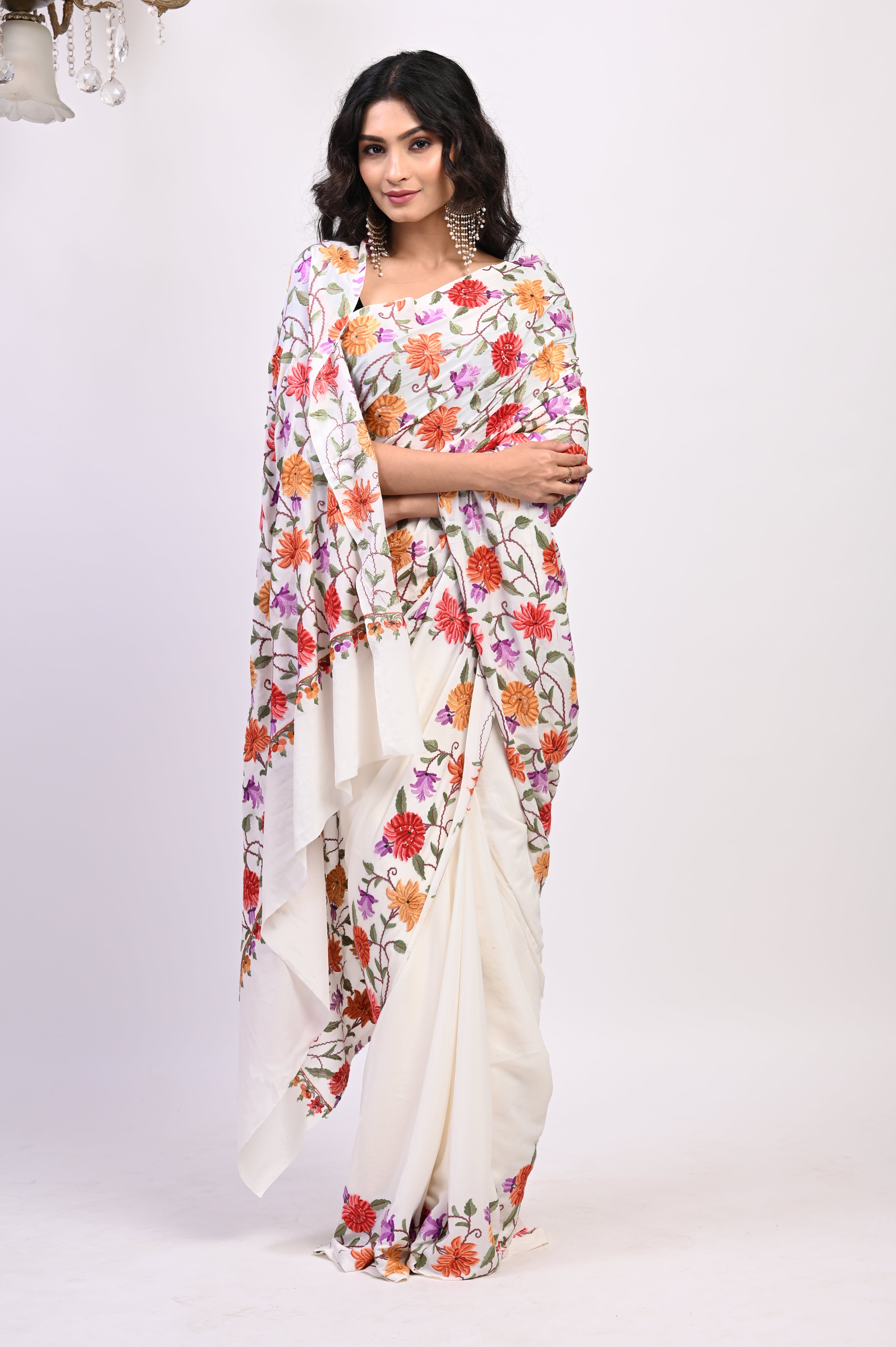 Pure Crepe Chinon Silk Aari Embriodery Kashmiri Saree