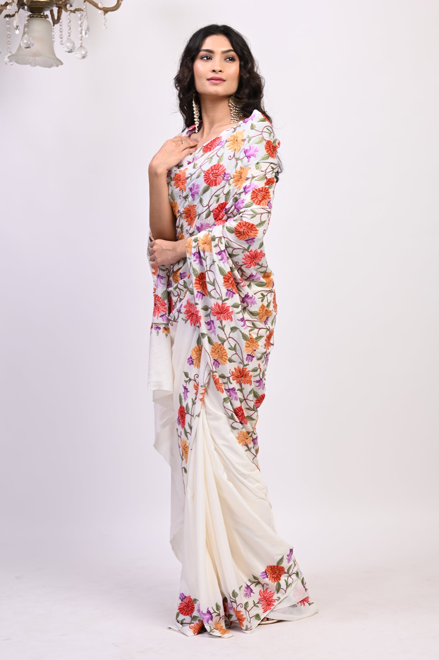 Pure Crepe Chinon Silk Aari Embriodery Kashmiri Saree