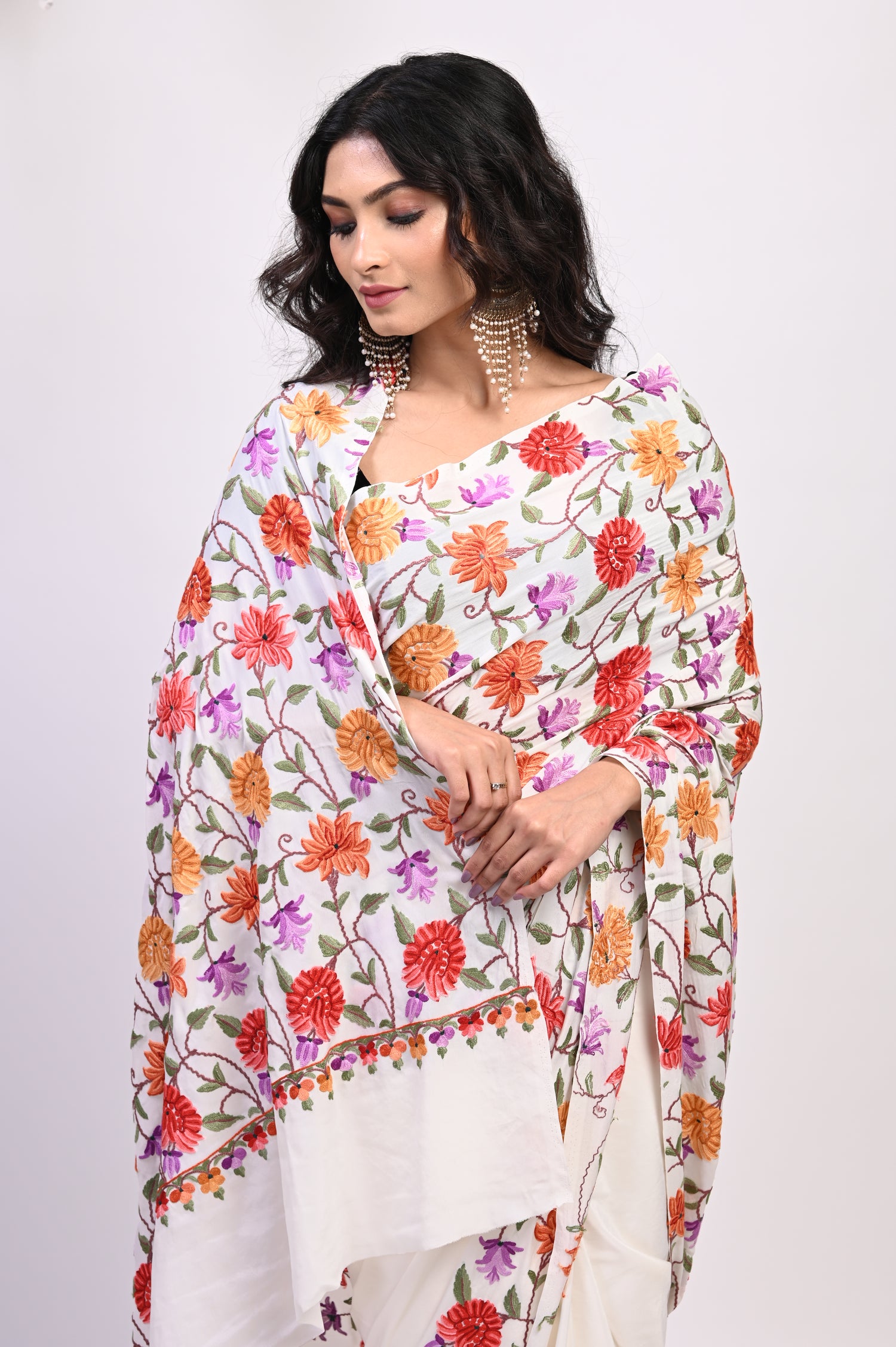 Pure Crepe Chinon Silk Aari Embriodery Kashmiri Saree