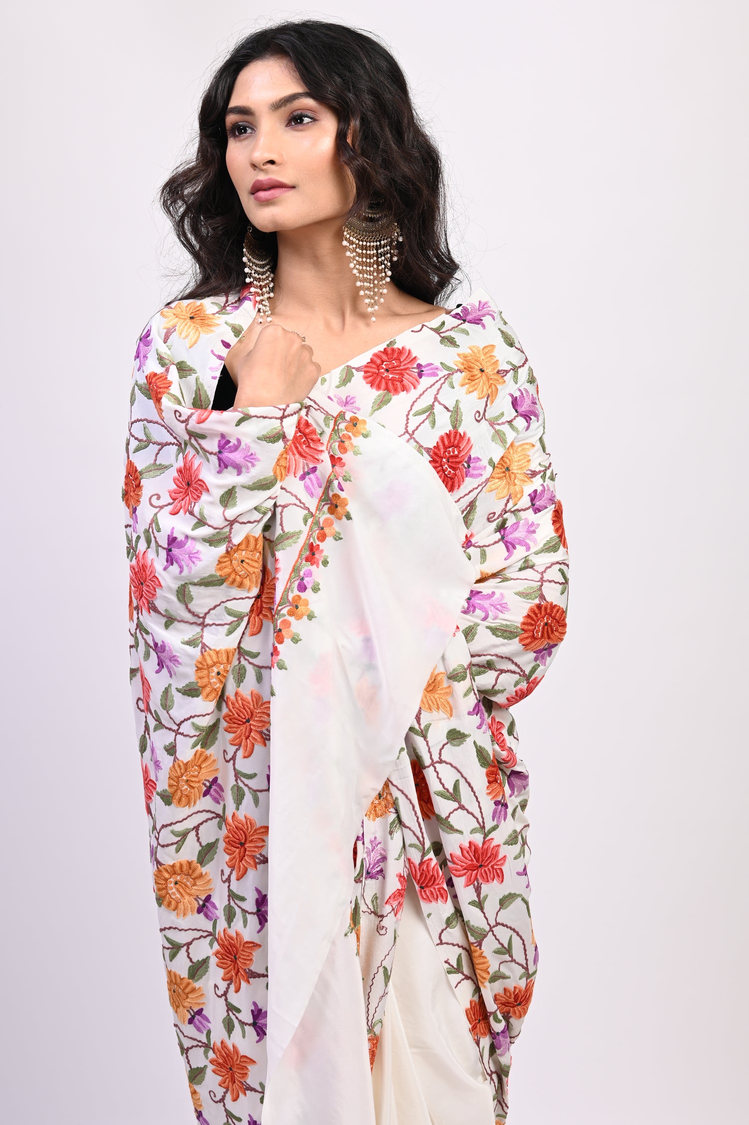 Pure Crepe Chinon Silk Aari Embriodery Kashmiri Saree