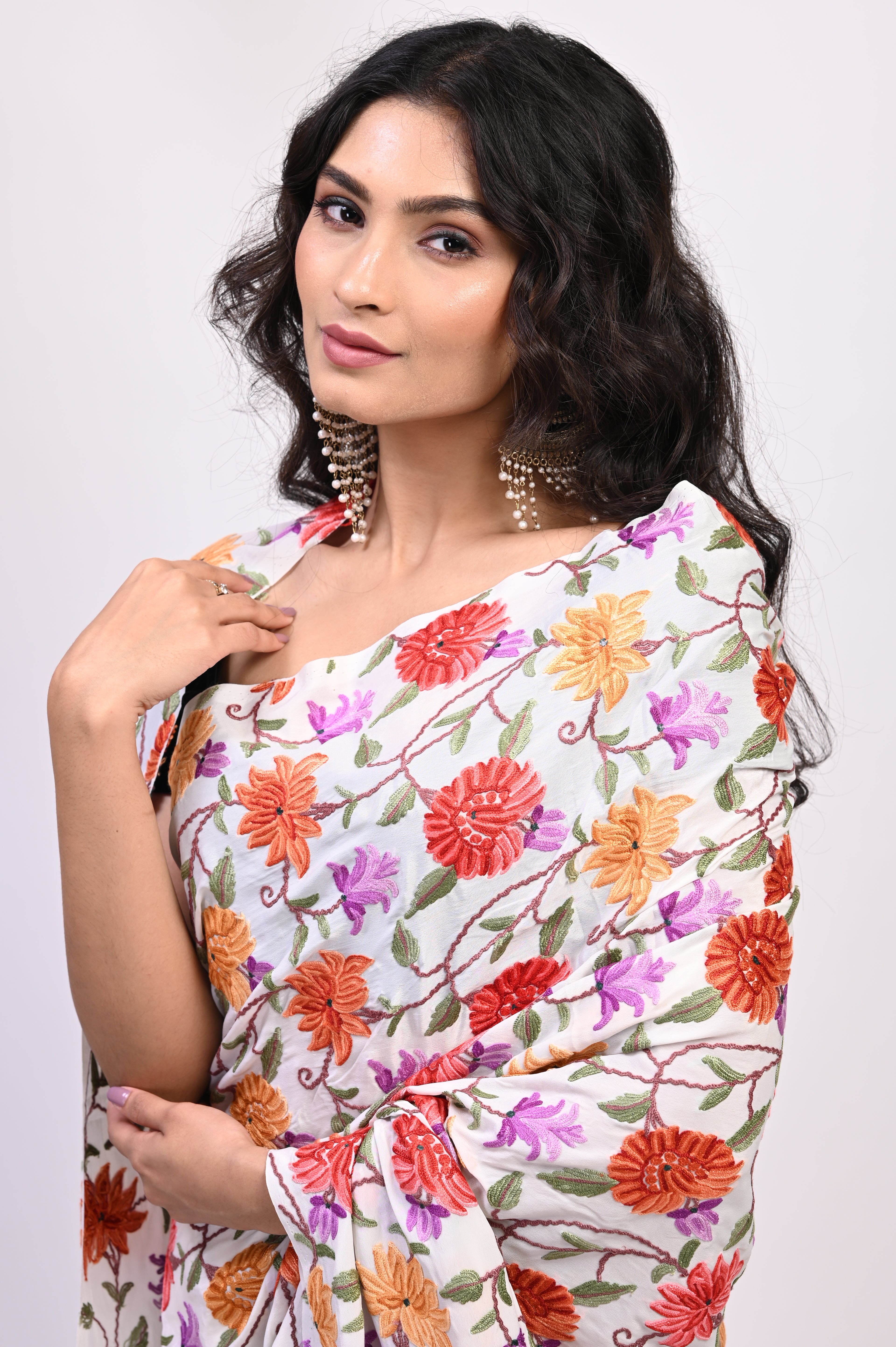 Pure Crepe Chinon Silk Aari Embriodery Kashmiri Saree