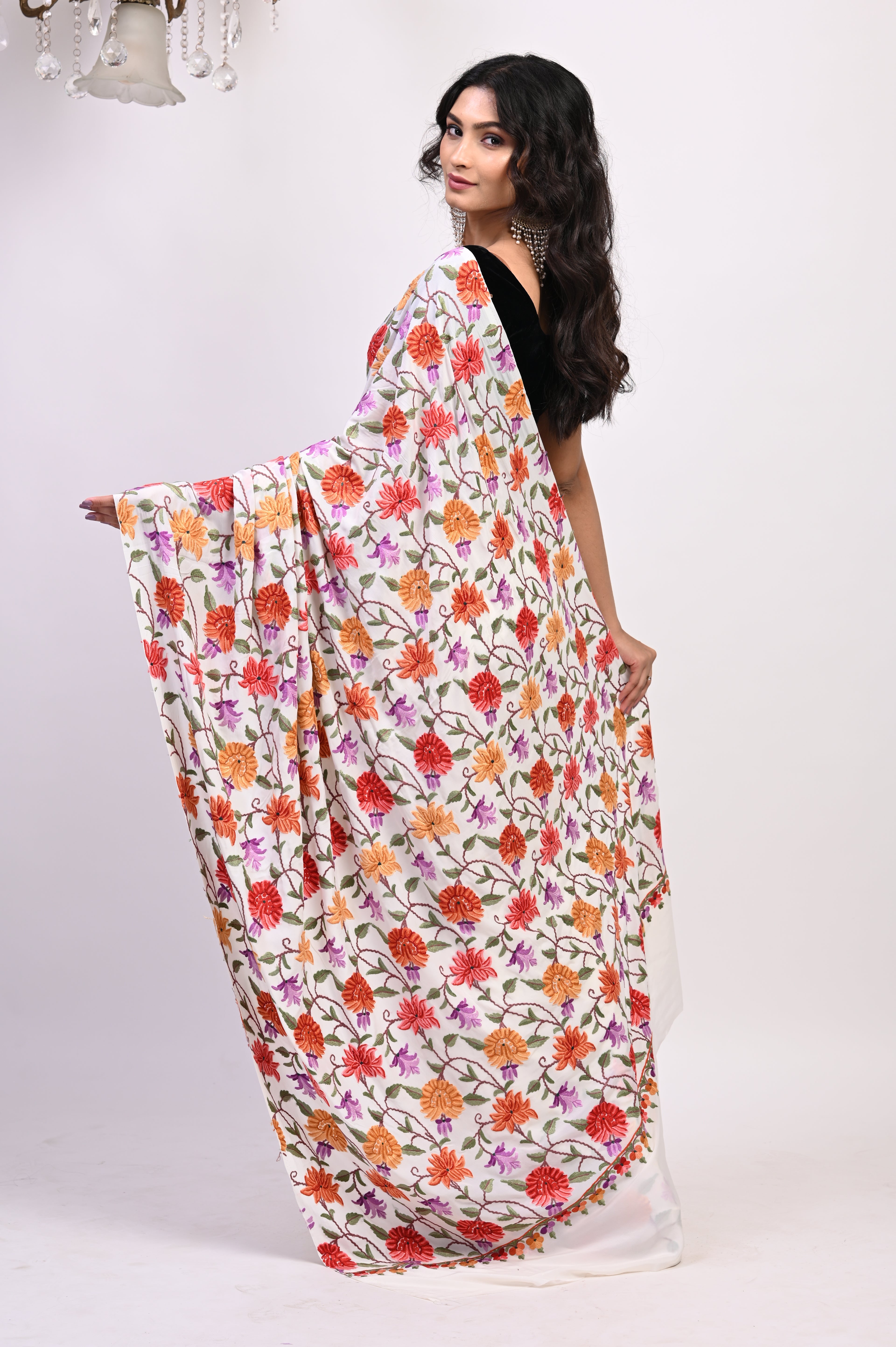 Pure Crepe Chinon Silk Aari Embriodery Kashmiri Saree