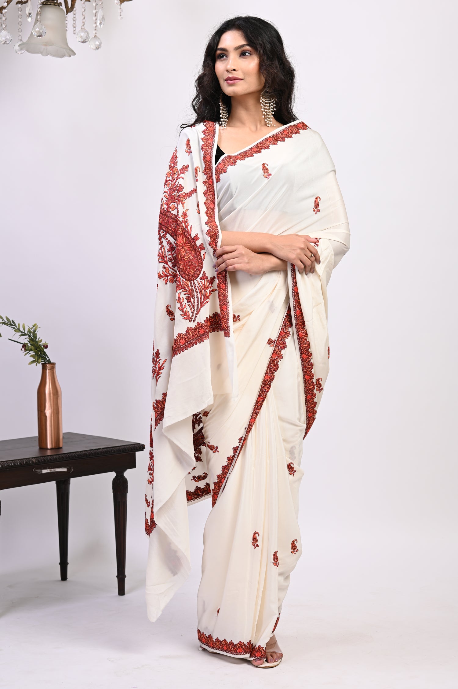 Pure Crepe Chinon Silk Sozni Work Hand Embroidered Kashmiri Saree