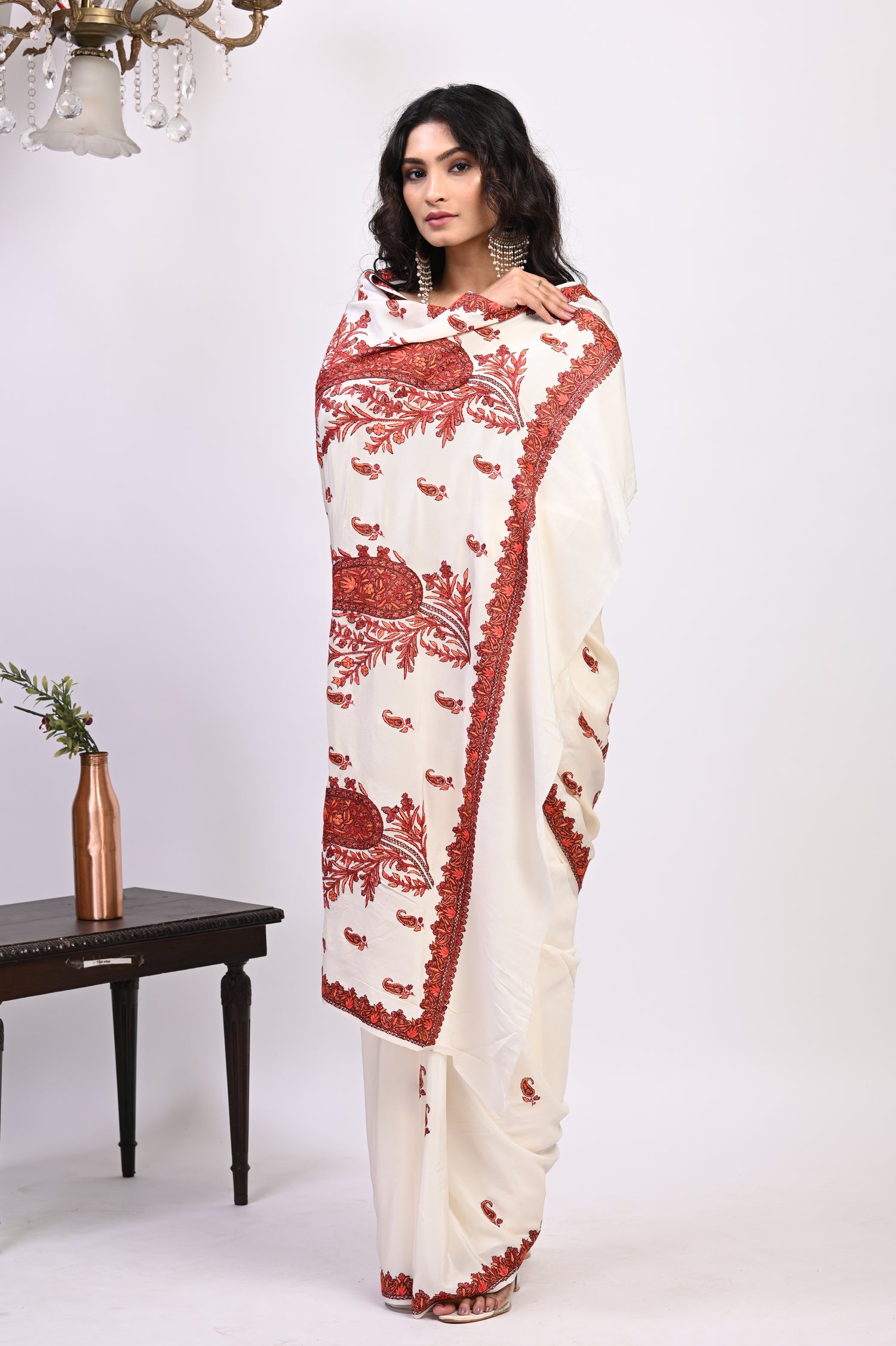 Pure Crepe Chinon Silk Sozni Work Hand Embroidered Kashmiri Saree