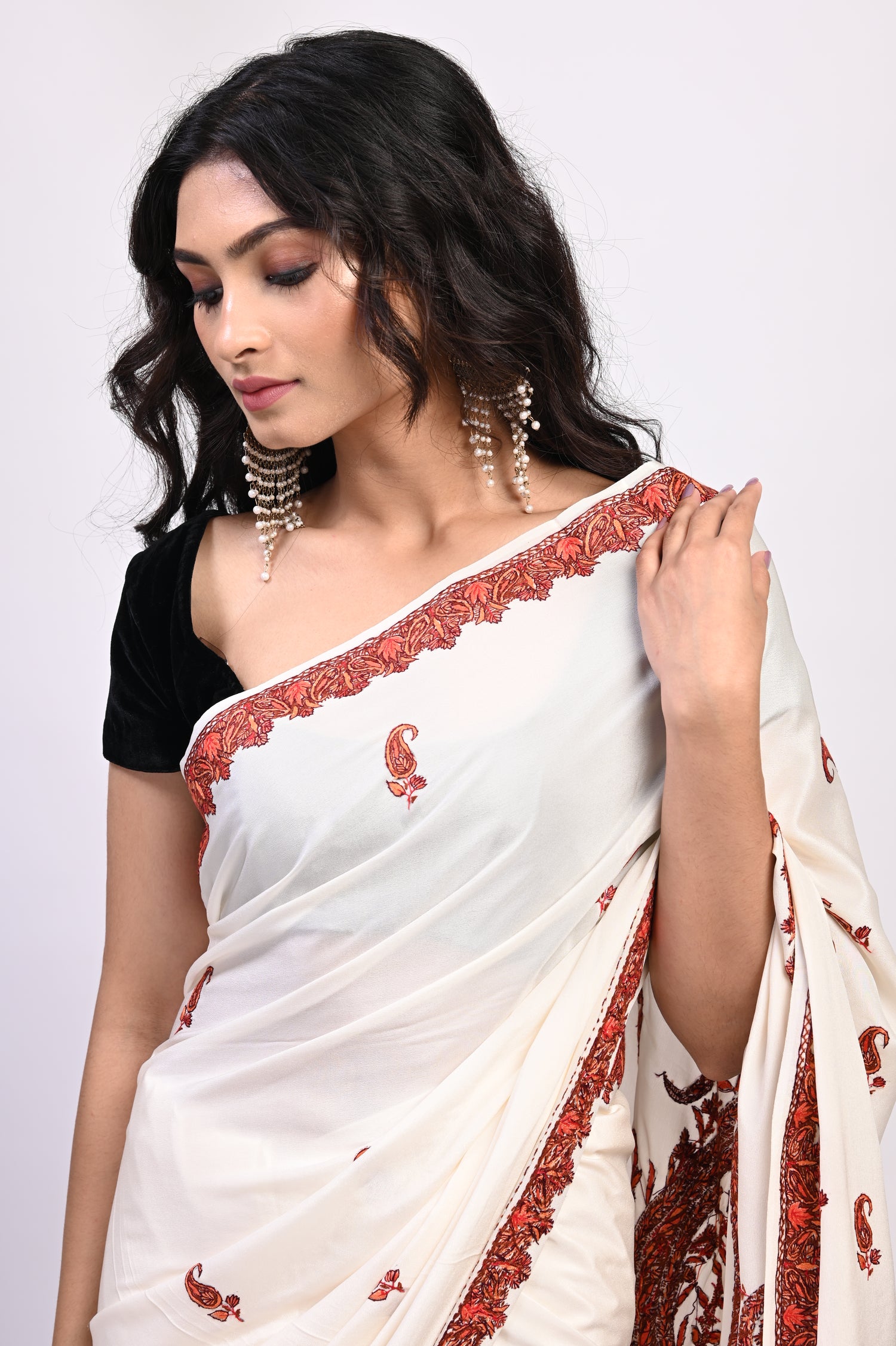 Pure Crepe Chinon Silk Sozni Work Hand Embroidered Kashmiri Saree