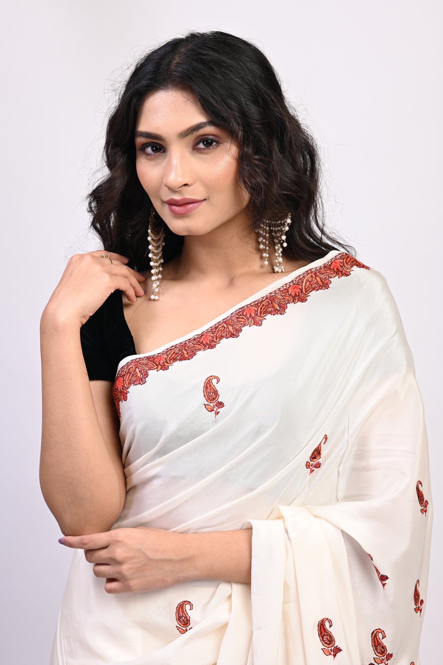 Pure Crepe Chinon Silk Sozni Work Hand Embroidered Kashmiri Saree