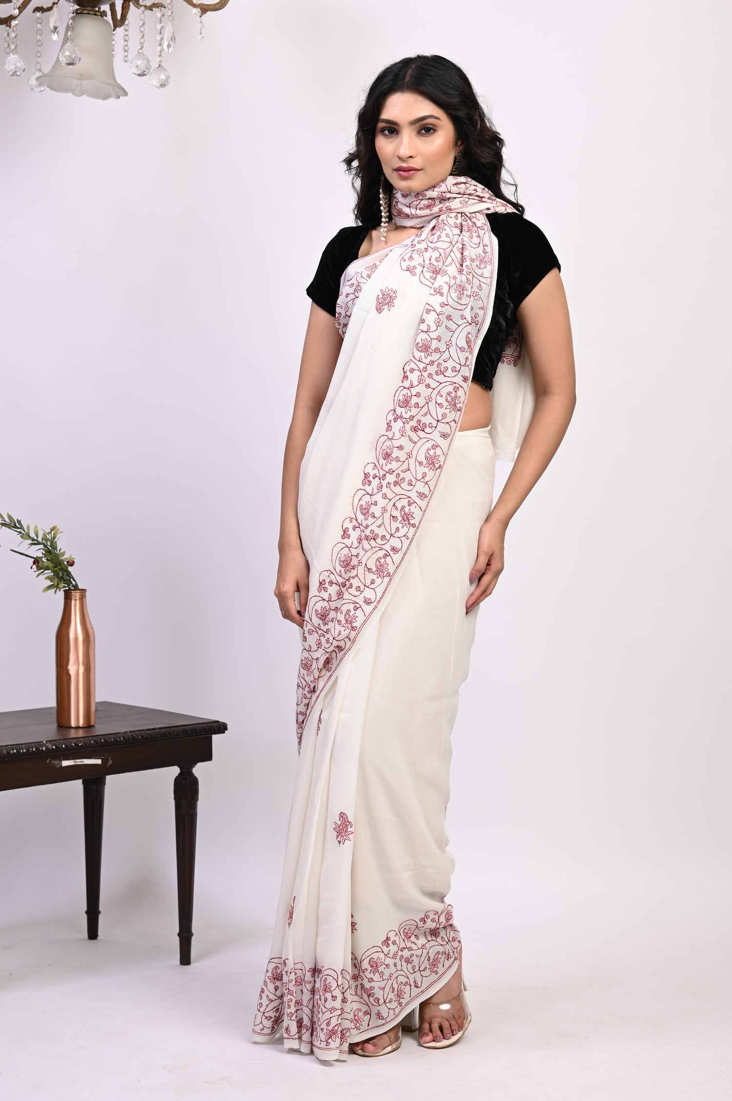 Pure Crepe Chinon Silk Sozni Work Hand Embroidered Kashmiri Saree