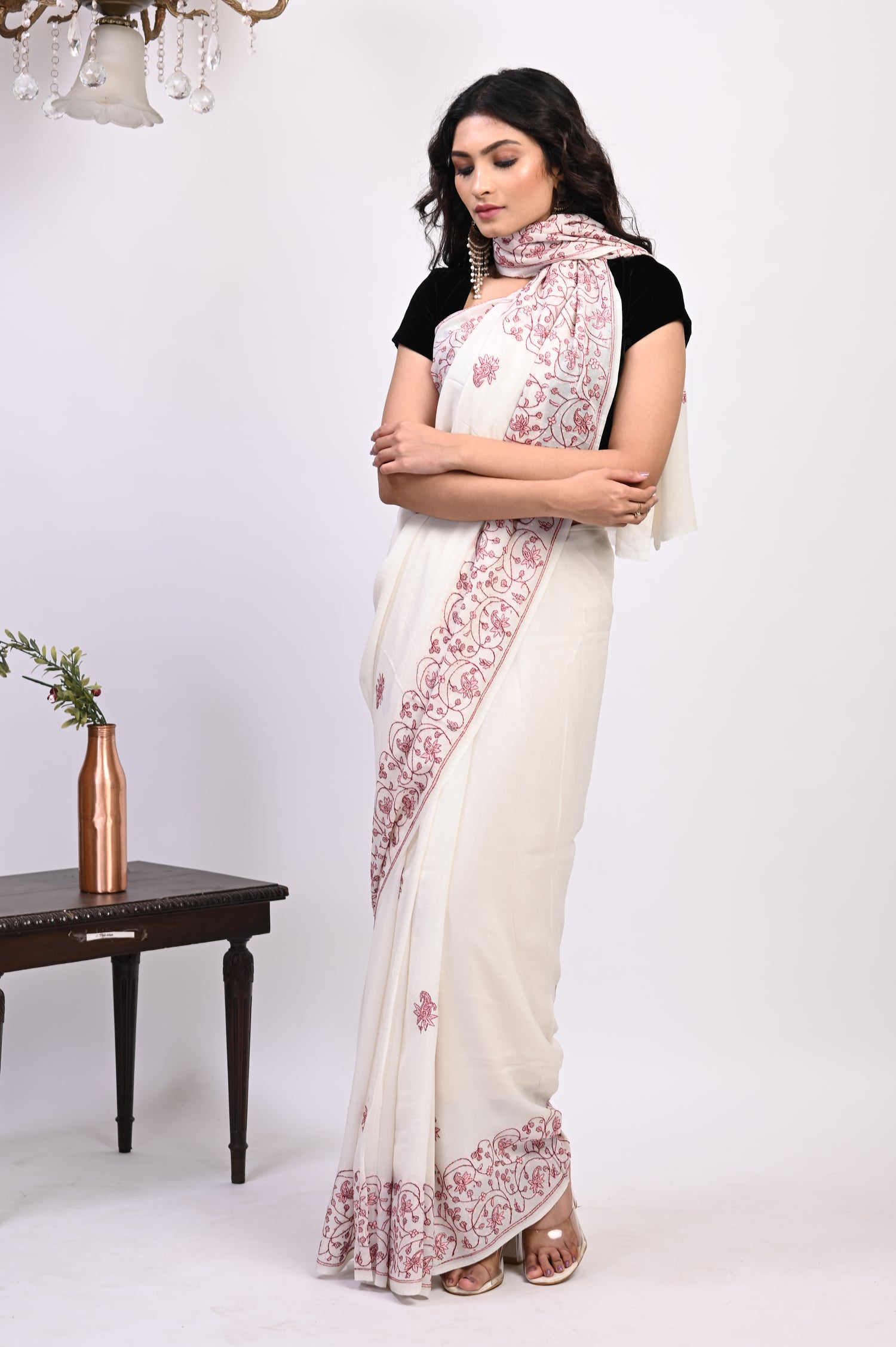 Pure Crepe Chinon Silk Sozni Work Hand Embroidered Kashmiri Saree