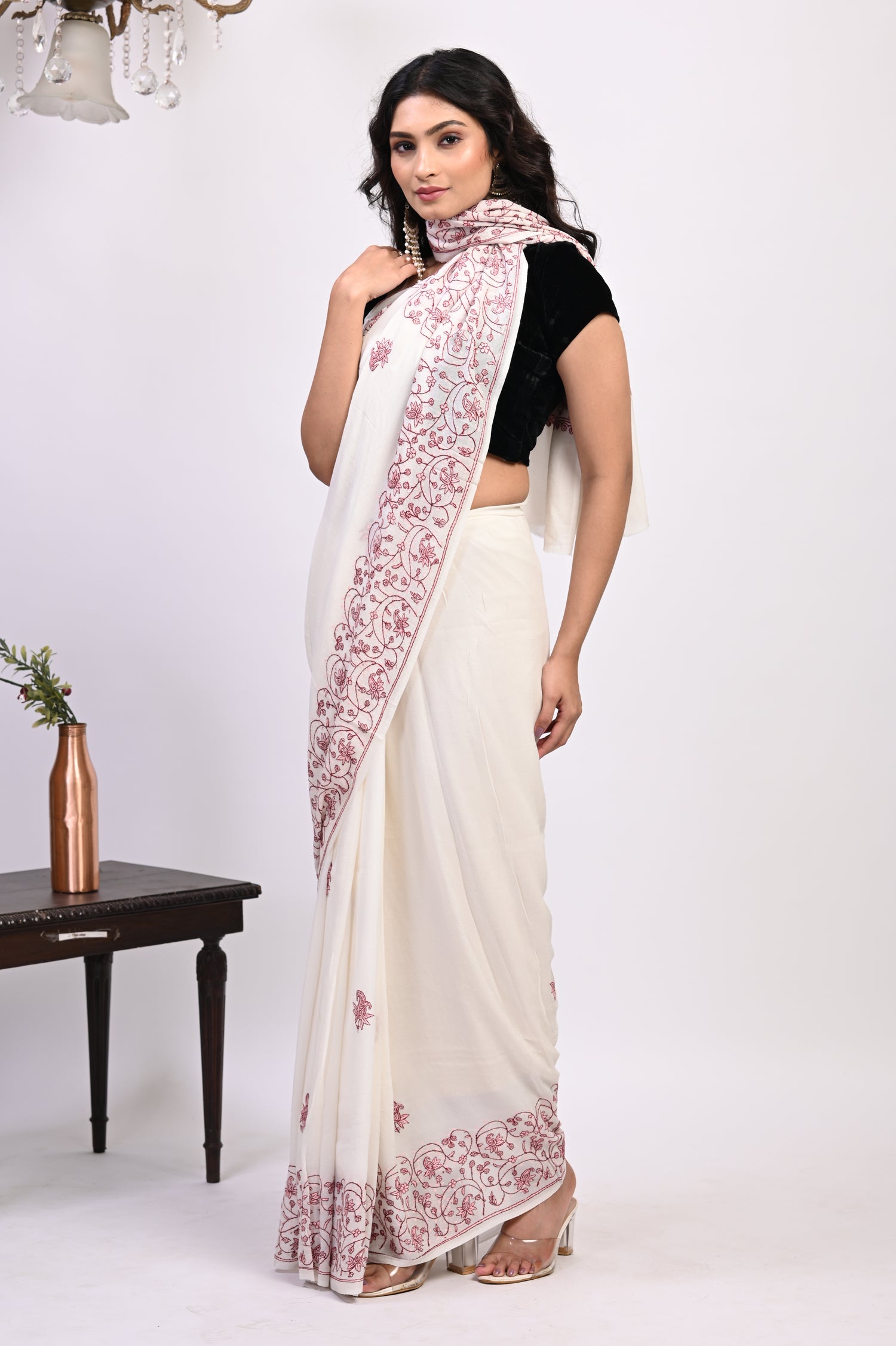 Pure Crepe Chinon Silk Sozni Work Hand Embroidered Kashmiri Saree