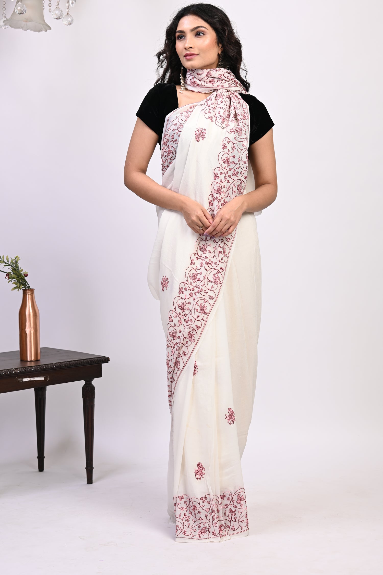 Pure Crepe Chinon Silk Sozni Work Hand Embroidered Kashmiri Saree