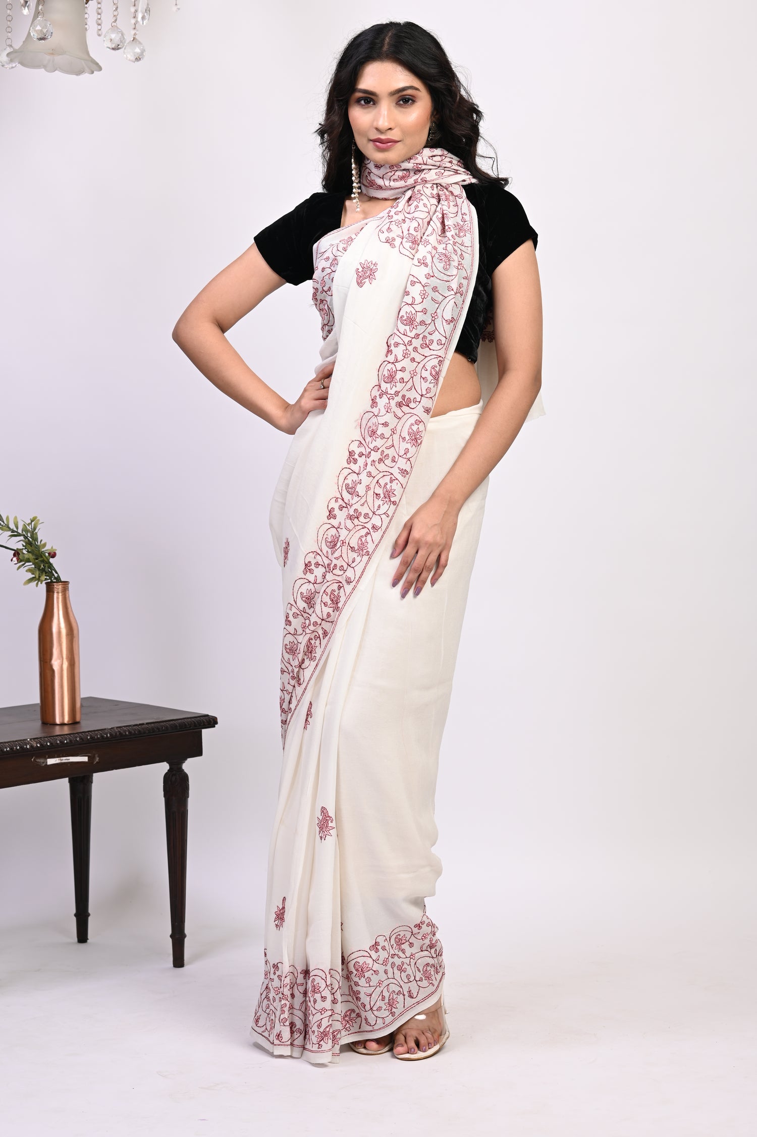 Pure Crepe Chinon Silk Sozni Work Hand Embroidered Kashmiri Saree