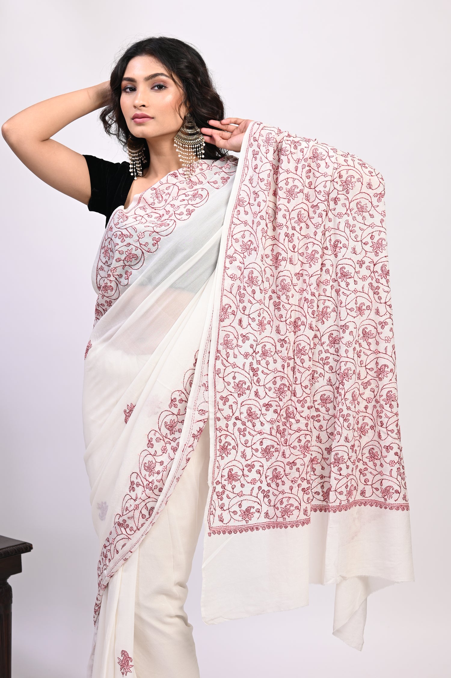 Pure Crepe Chinon Silk Sozni Work Hand Embroidered Kashmiri Saree