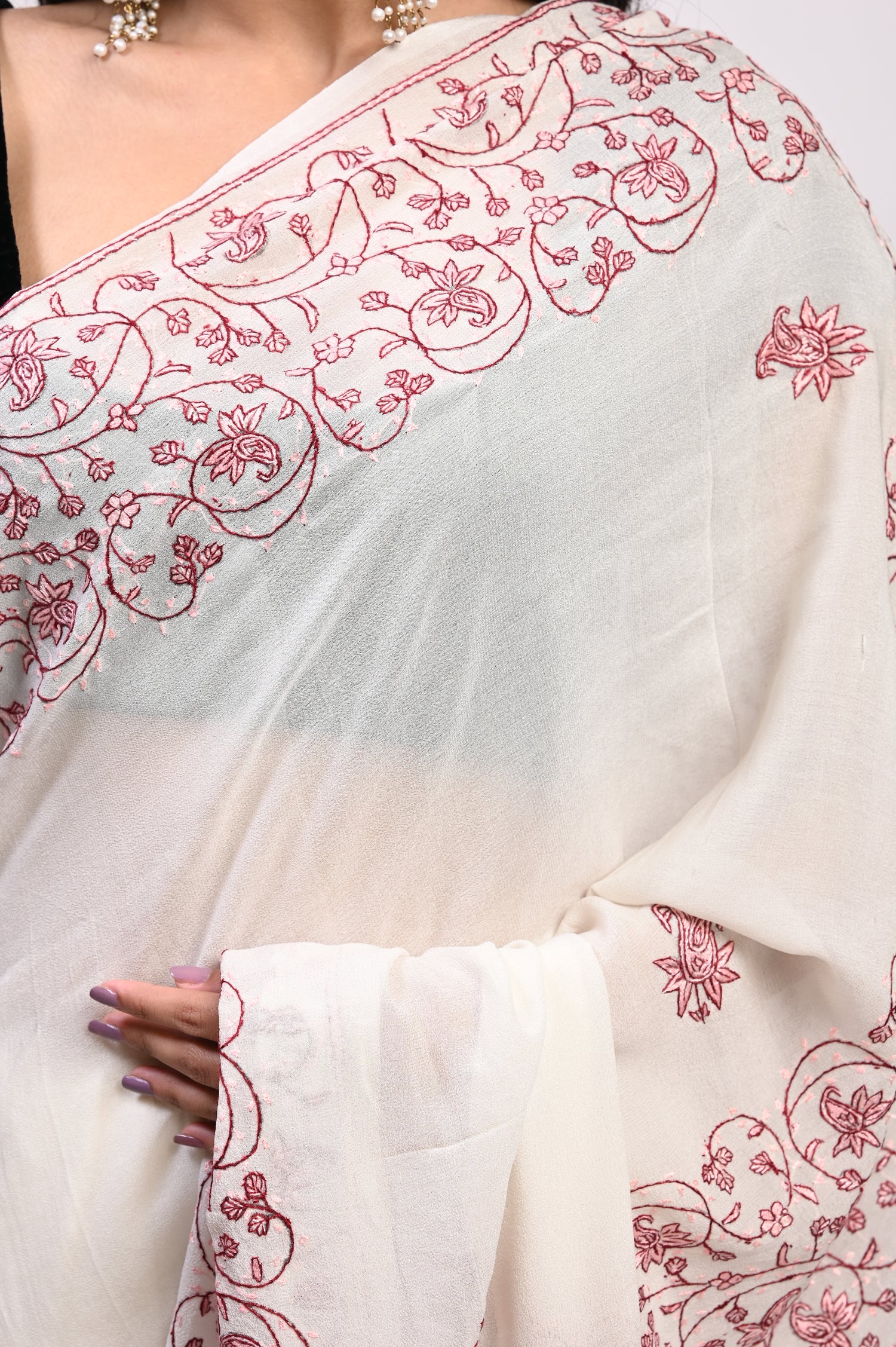 Pure Crepe Chinon Silk Sozni Work Hand Embroidered Kashmiri Saree