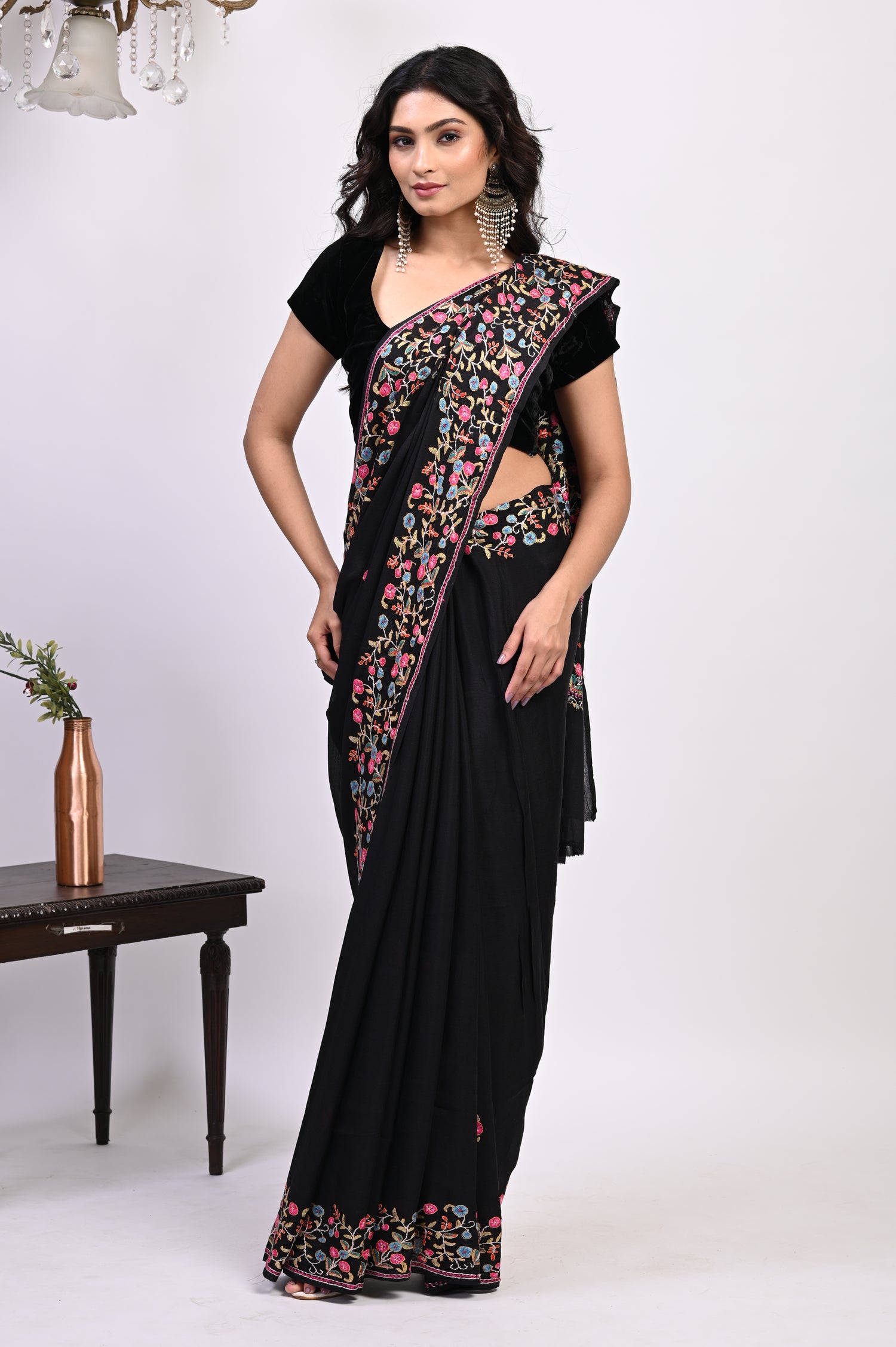 Pure Crepe Chinon Silk Paper Maiche Embriodery Kashmiri Saree