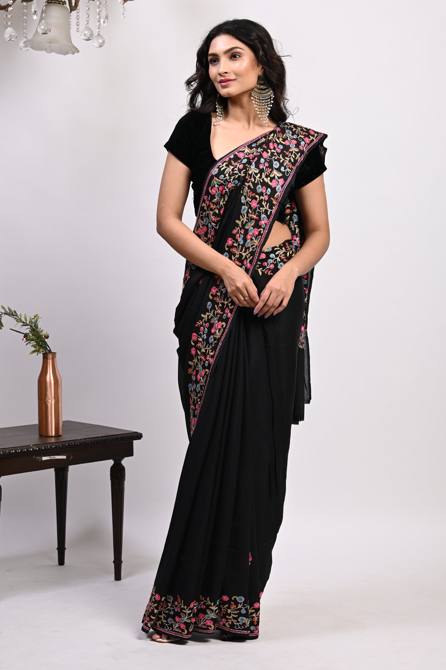 Pure Crepe Chinon Silk Paper Maiche Embriodery Kashmiri Saree